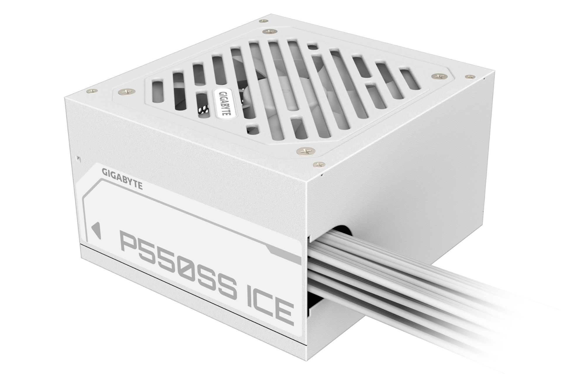 نمای نیمرخ پاور کامپیوتر گیگابایت P550SS ICE با توان 550 وات با نمایش پنل پشت و کابل‌ها