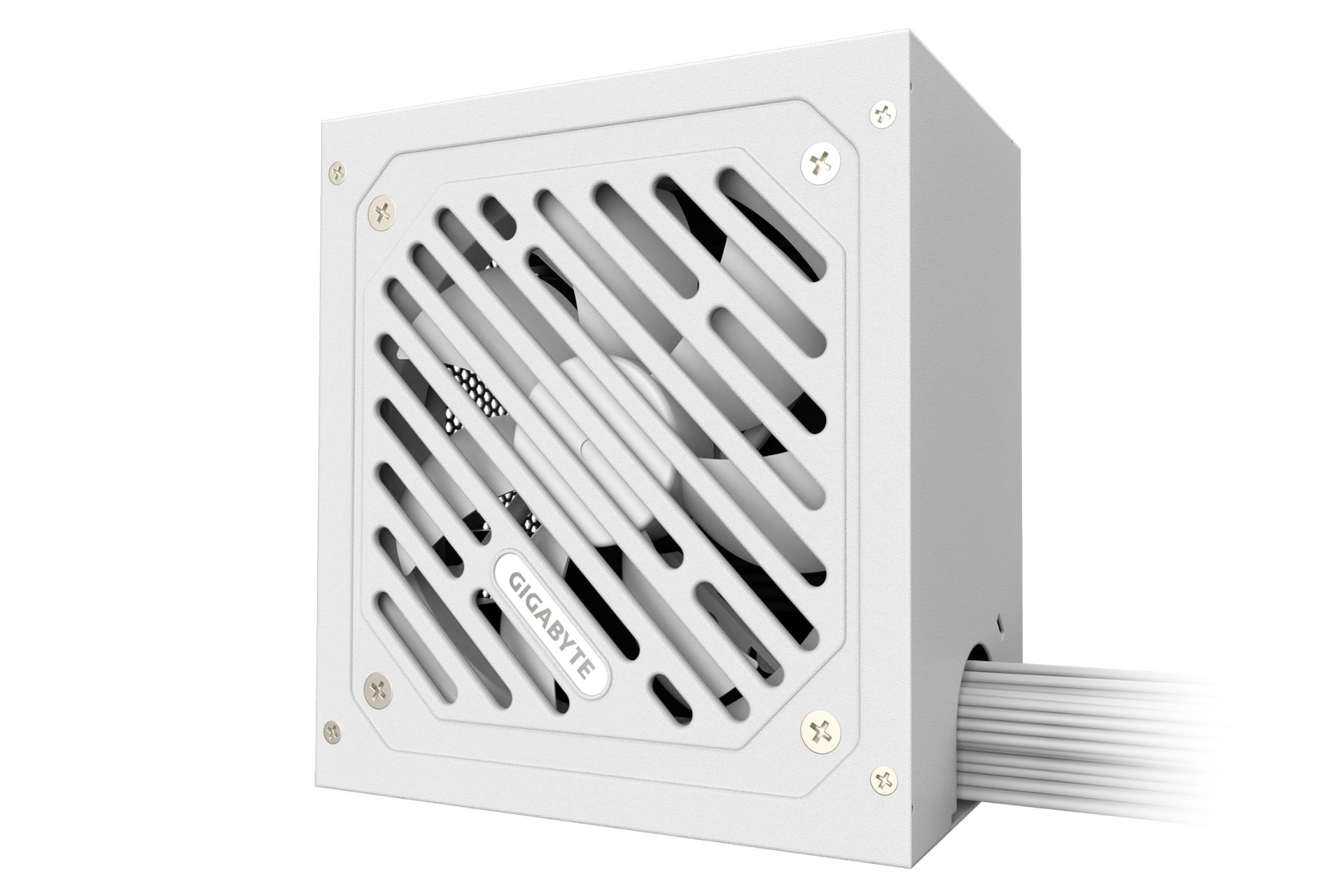 نمای نیمرخ پاور کامپیوتر گیگابایت P550SS ICE با توان 550 وات با نمایش فن و لوگو و کابل‌ها