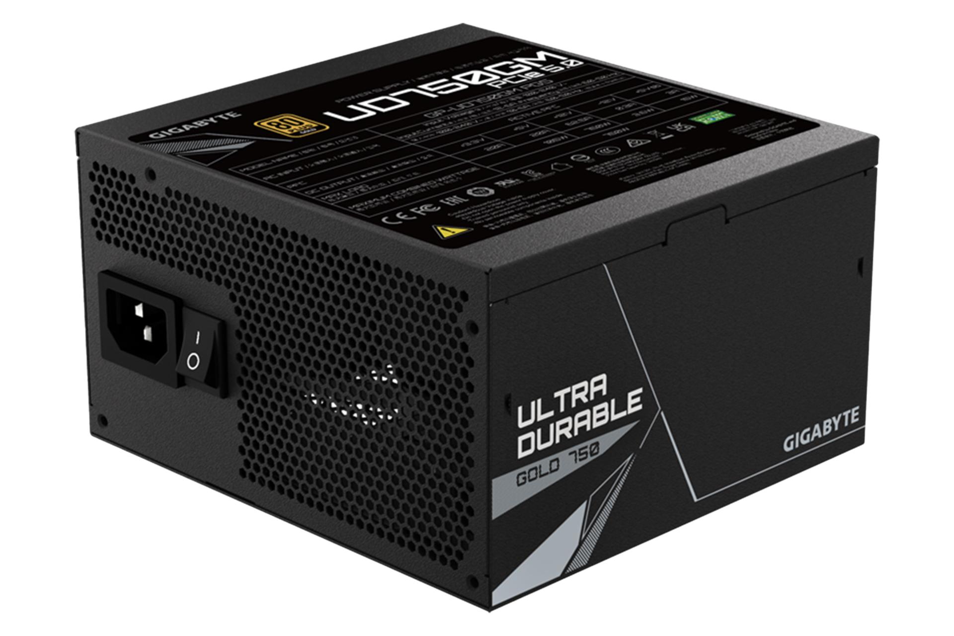 مرجع متخصصين ايران نماي نيمرخ پاور كامپيوتر گيگابايت UD750GM PG5 با توان 750 وات با نمايش پنل بالا، كناري و پشت
