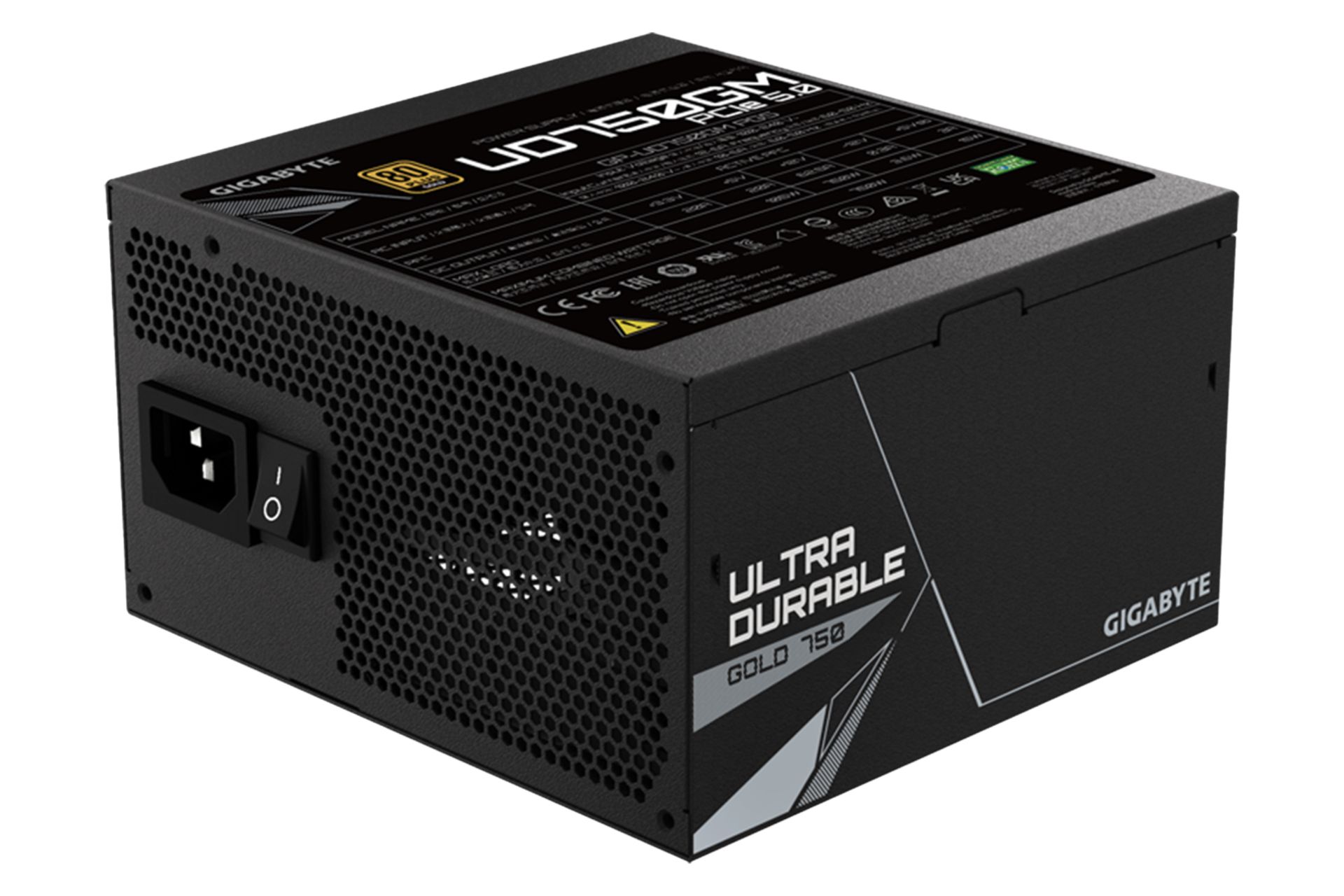 نمای نیمرخ پاور کامپیوتر گیگابایت UD750GM PG5 با توان 750 وات با نمایش پنل بالا، کناری و پشت