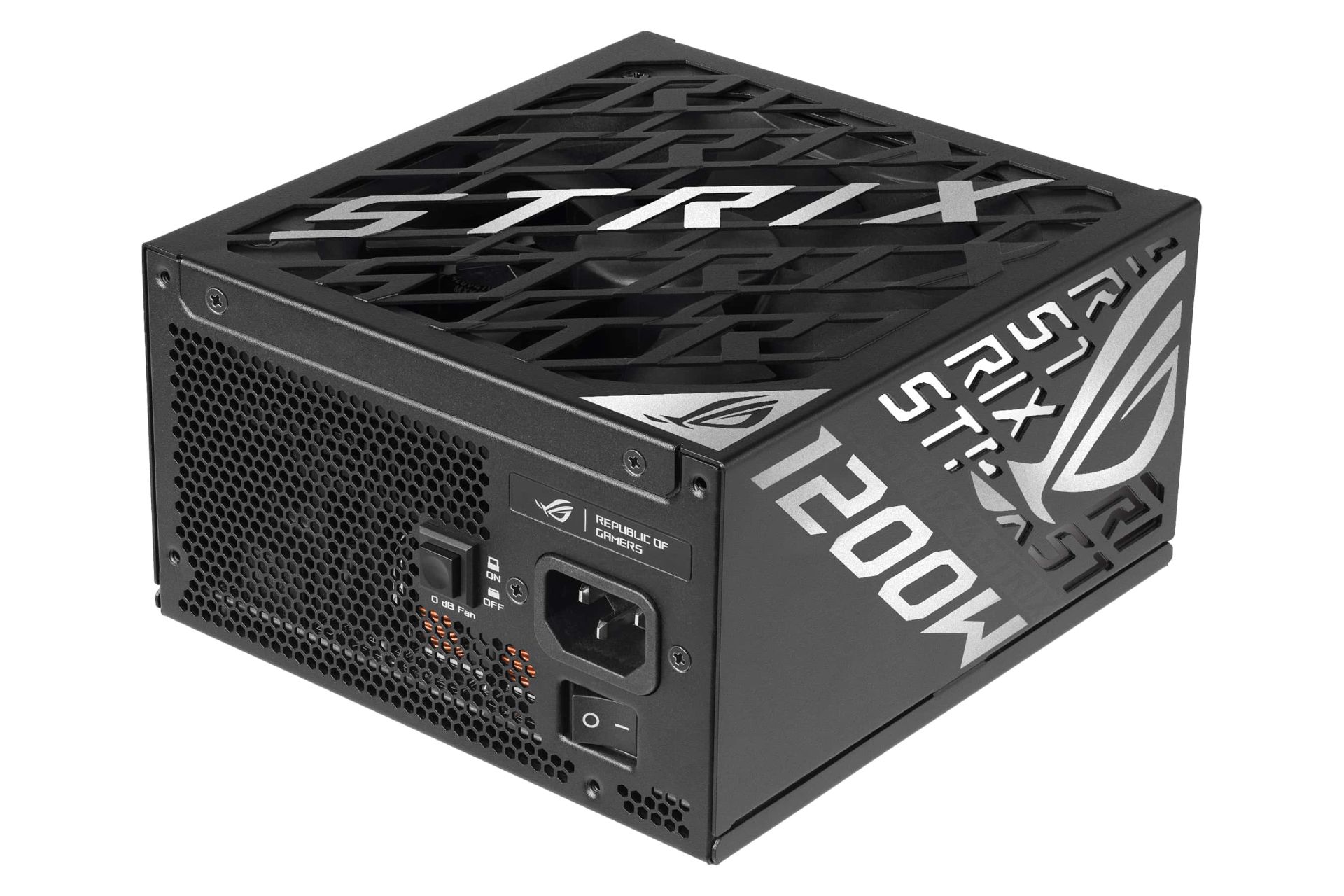 نمای نیمرخ پاور کامپیوتر ایسوس ROG STRIX 1200W Platinum با توان 1200 وات با نمایش پنل زیر، کناری و پشت