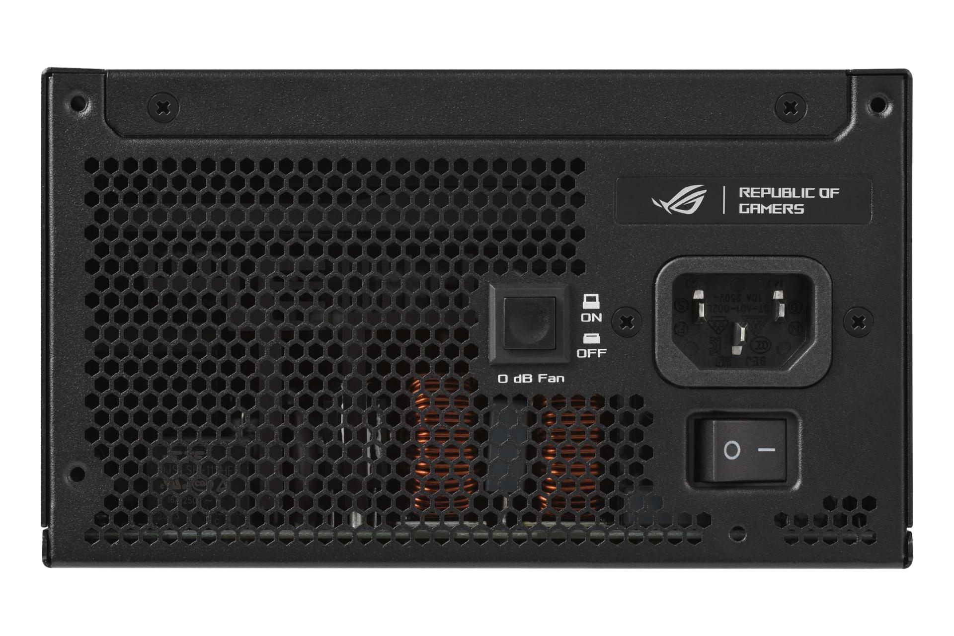 نمای پنل پشت پاور کامپیوتر ایسوس ROG STRIX 1200W Platinum با توان 1200 وات با نمایش درگاه و سوییچ برق