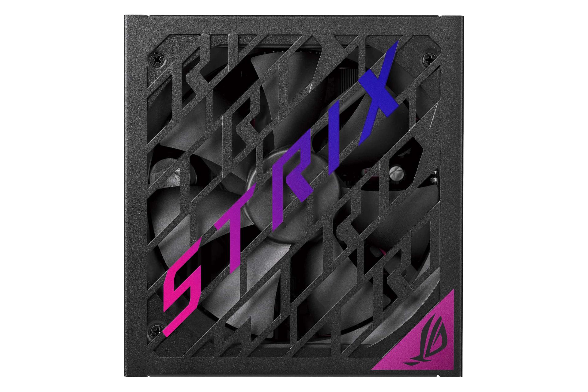 نمای پنل زیر پاور کامپیوتر ایسوس ROG STRIX 1200W Platinum با توان 1200 وات با نمایش فن و لوگو