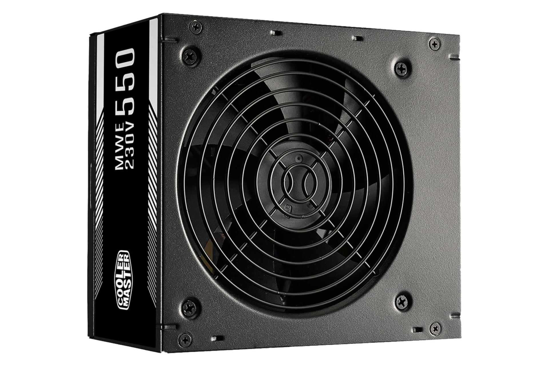 نمای نیمرخ پاور کامپیوتر کولر مستر MWE 550 با توان 550 وات با نمایش فن و لوگوی پنل کناری