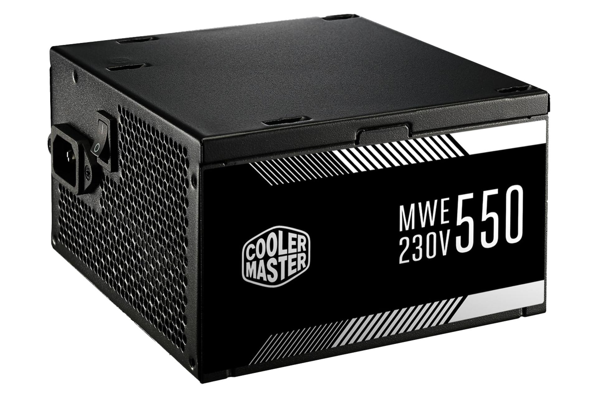 نمای نیمرخ پاور کامپیوتر کولر مستر MWE 550 با توان 550 وات با نمایش لوگو، پنل کناری، پشت و بالا