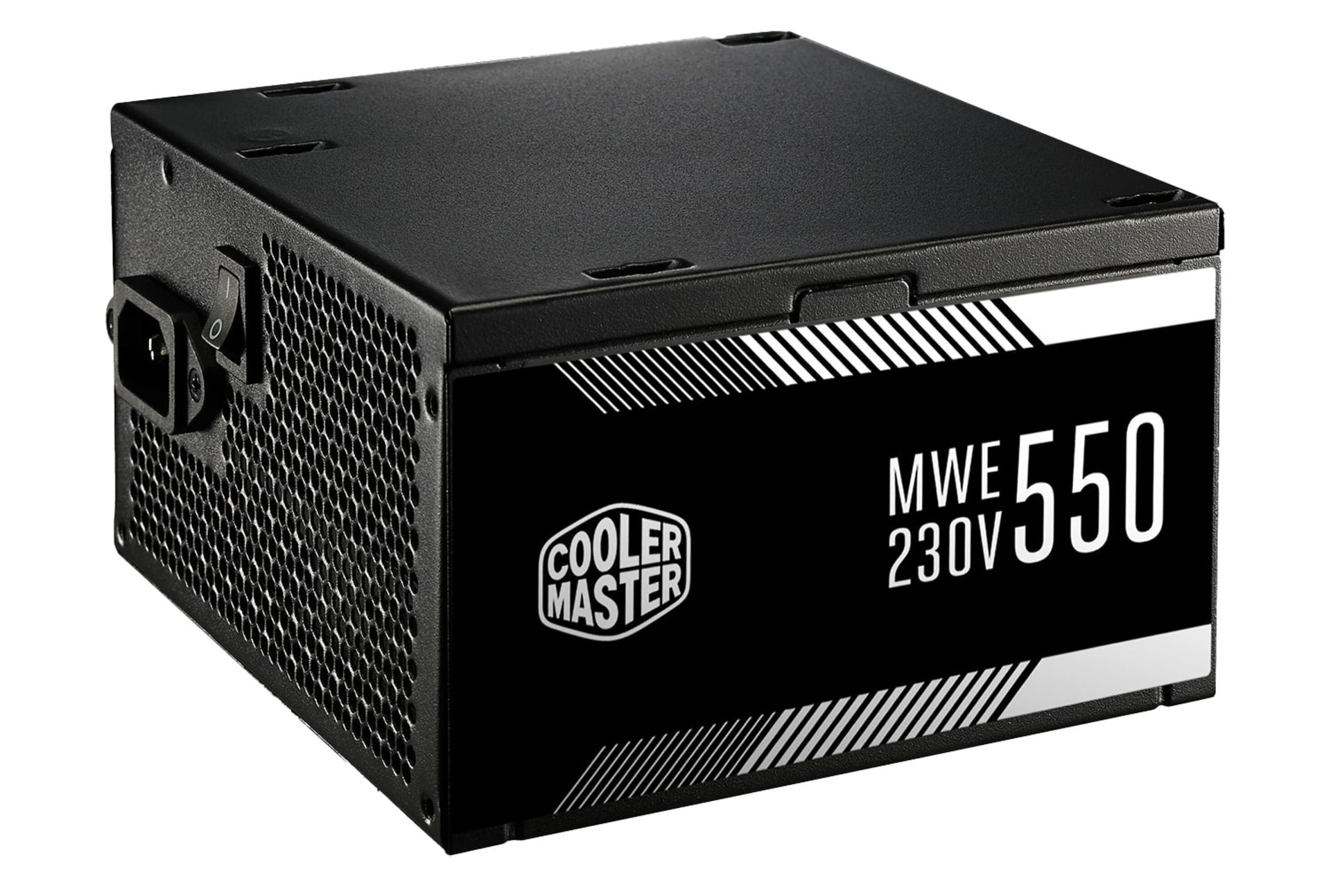 نمای نیمرخ پاور کامپیوتر کولر مستر MWE 550 با توان 550 وات با نمایش لوگو، پنل کناری، پشت و بالا