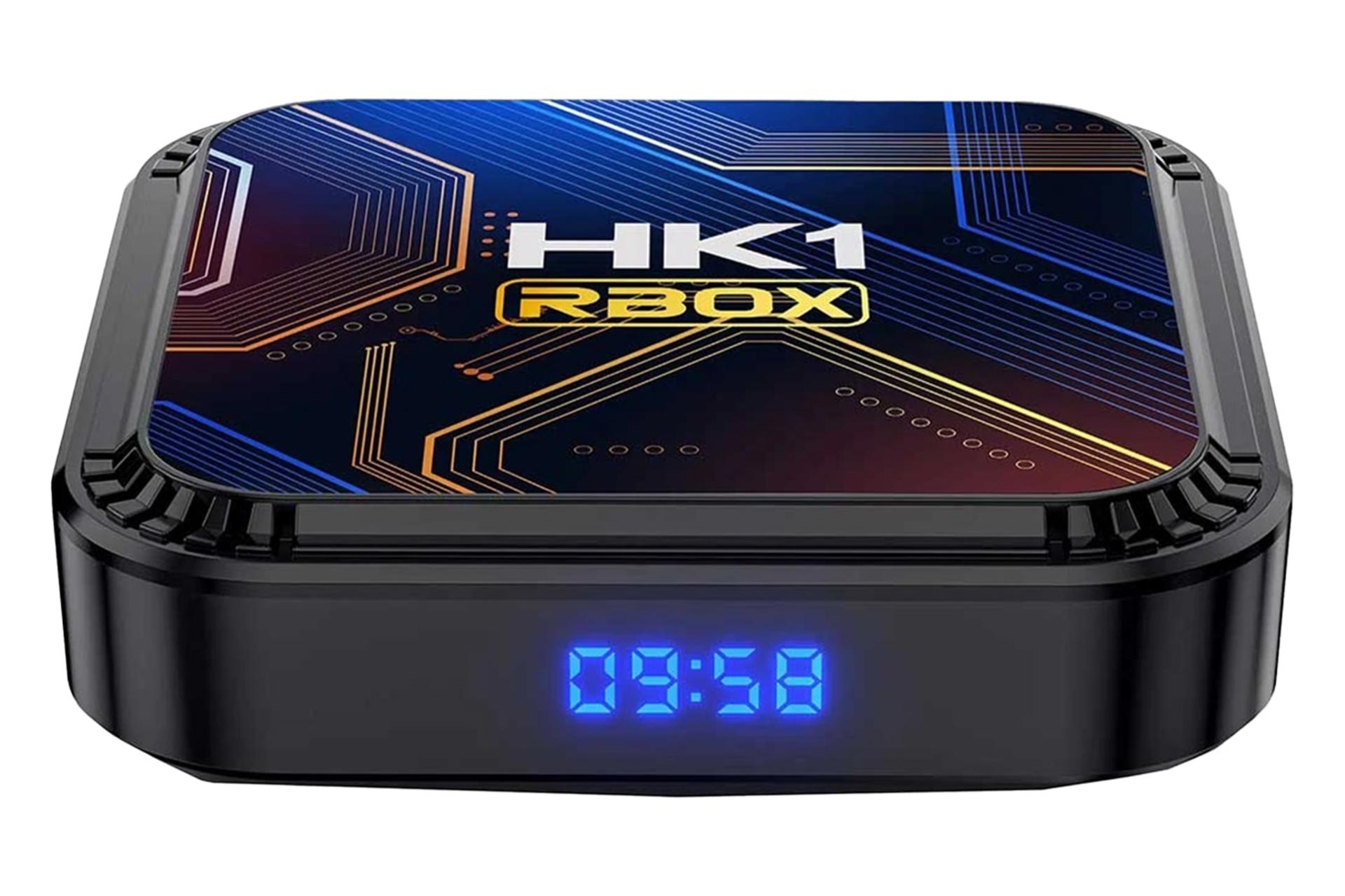 نمای پنل بالا و لبه جلوی اندروید باکس اچ کی وان RBOX K8S با نمایشگر ساعت