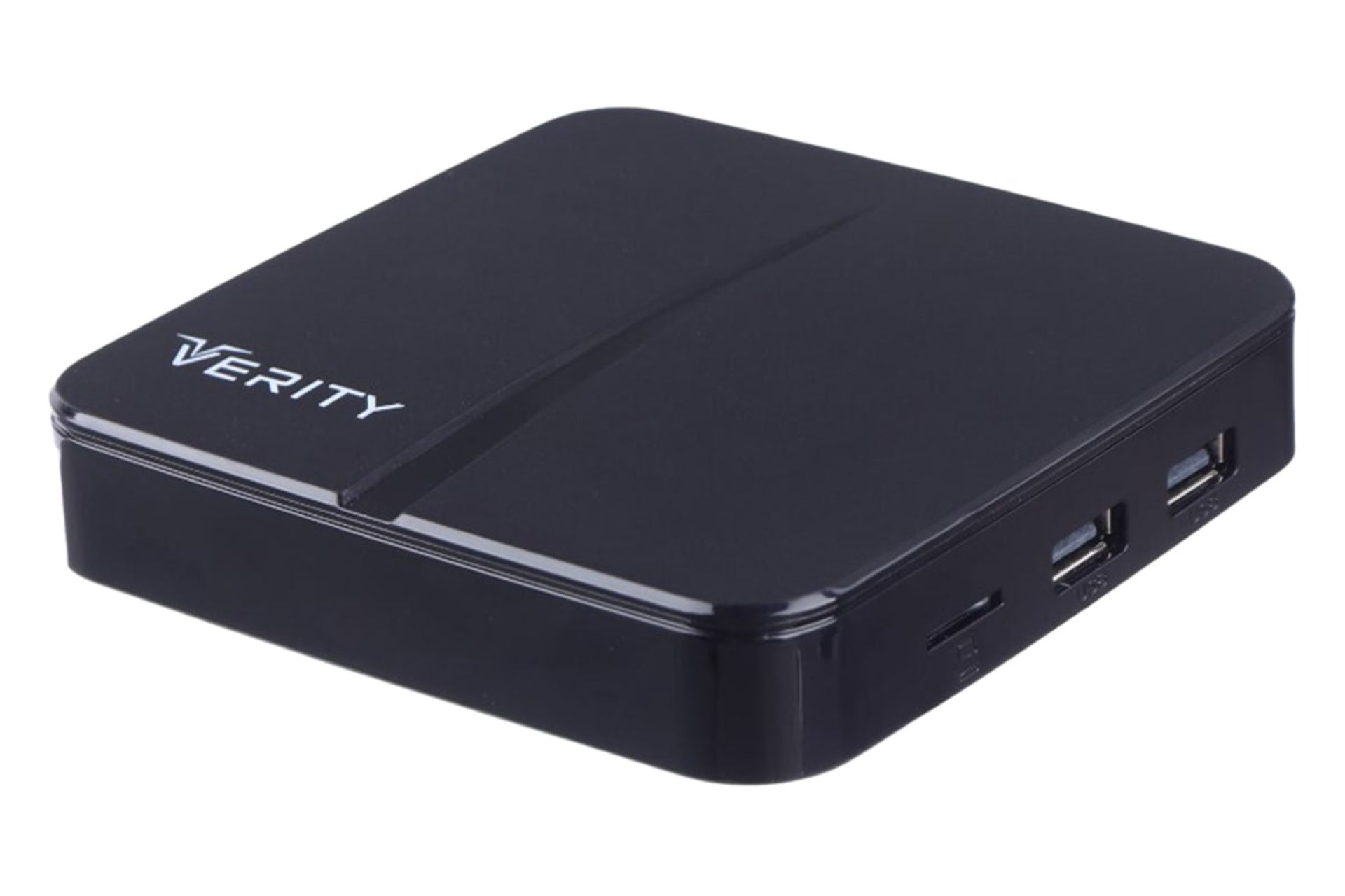 نمای نیمرخ اندروید باکس وریتی V-AB9113A با نمایش پنل جلو، بالا، کناری، درگاه‌ها و لوگو