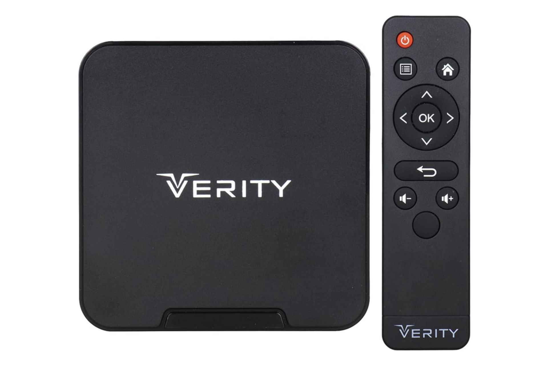 نمای کلی اندروید باکس وریتی V-AB9114A با نمایش لوگوی پنل بالا و ریموت کنترل