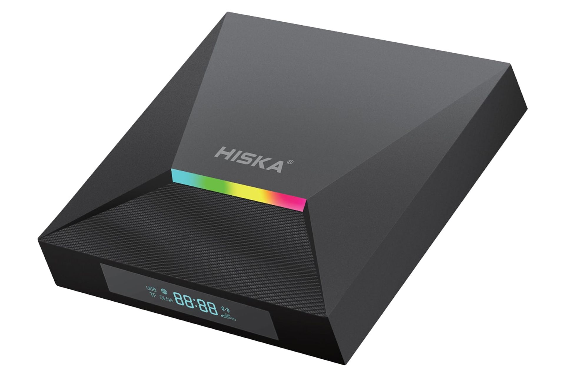 نمای نیمرخ اندروید باکس هیسکا باکس A12 با نمایشگر روشن، نمایش نورپردازی و لوگو