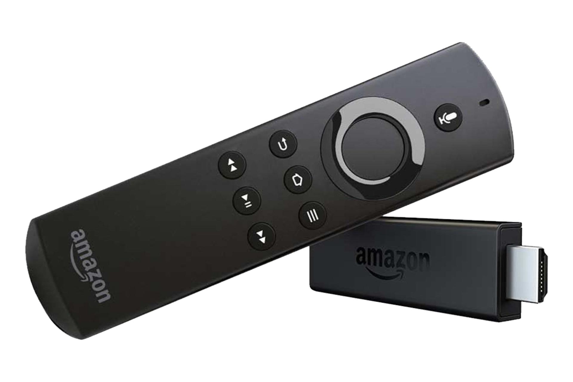 نمای نیمرخ اندروید باکس آمازون Fire TV Stick Basic Edition 2017 با نمایش استیک و ریموت کنترل