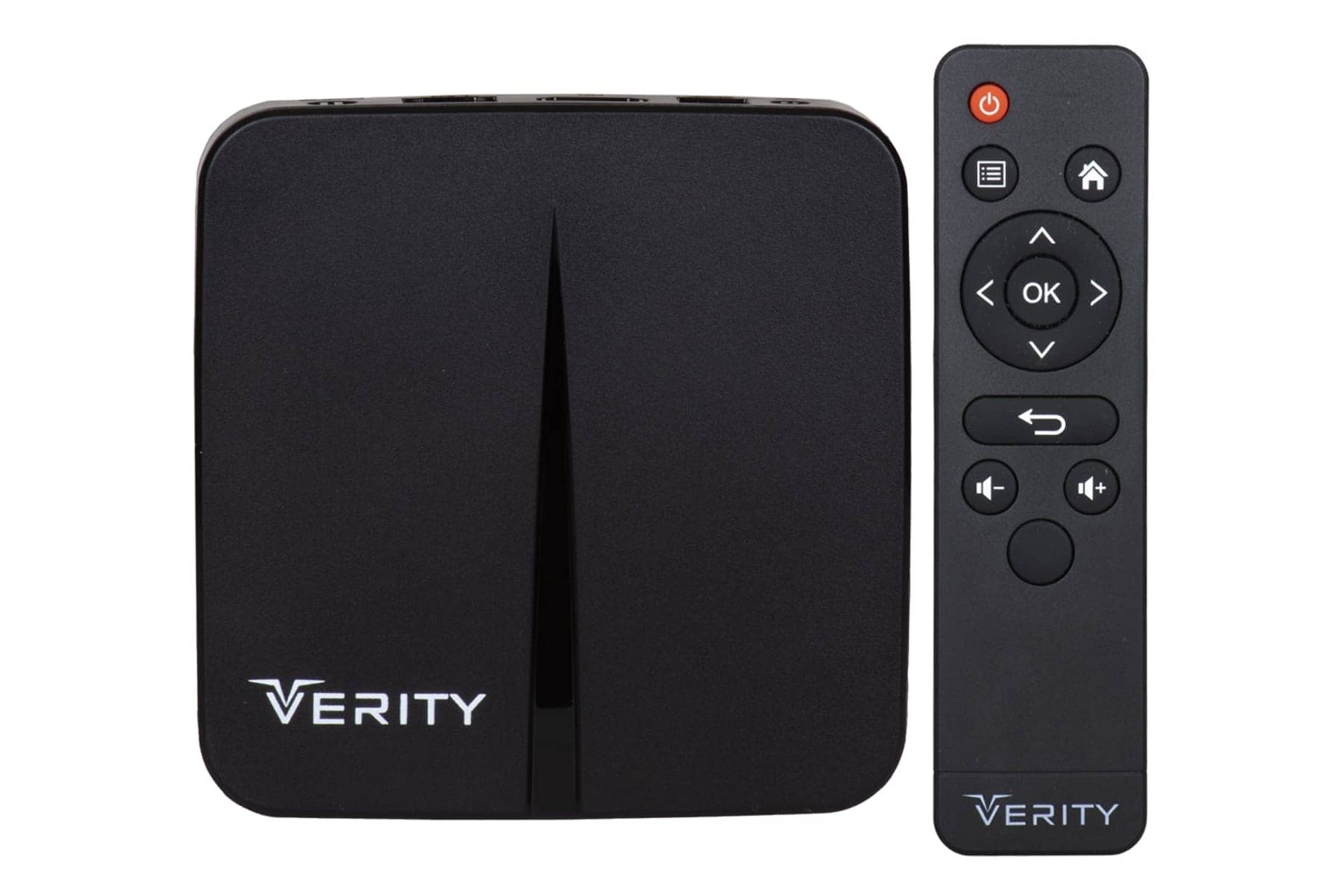 نمای کلی اندروید باکس وریتی V-AB9112A با نمایش پنل بالا، لوگو و ریموت کنترل