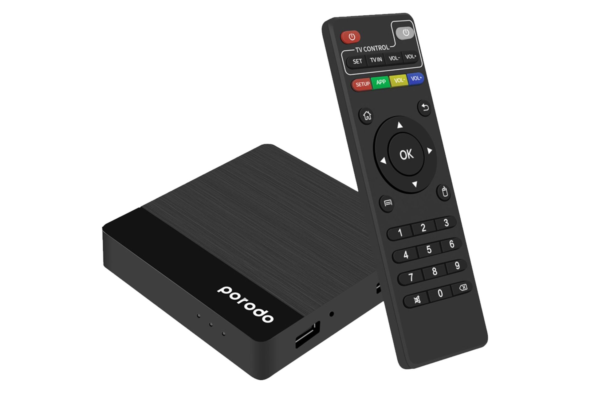 نمای کلی اندروید باکس پرودو PD-ATVBTD با نمایش ریموت کنترل