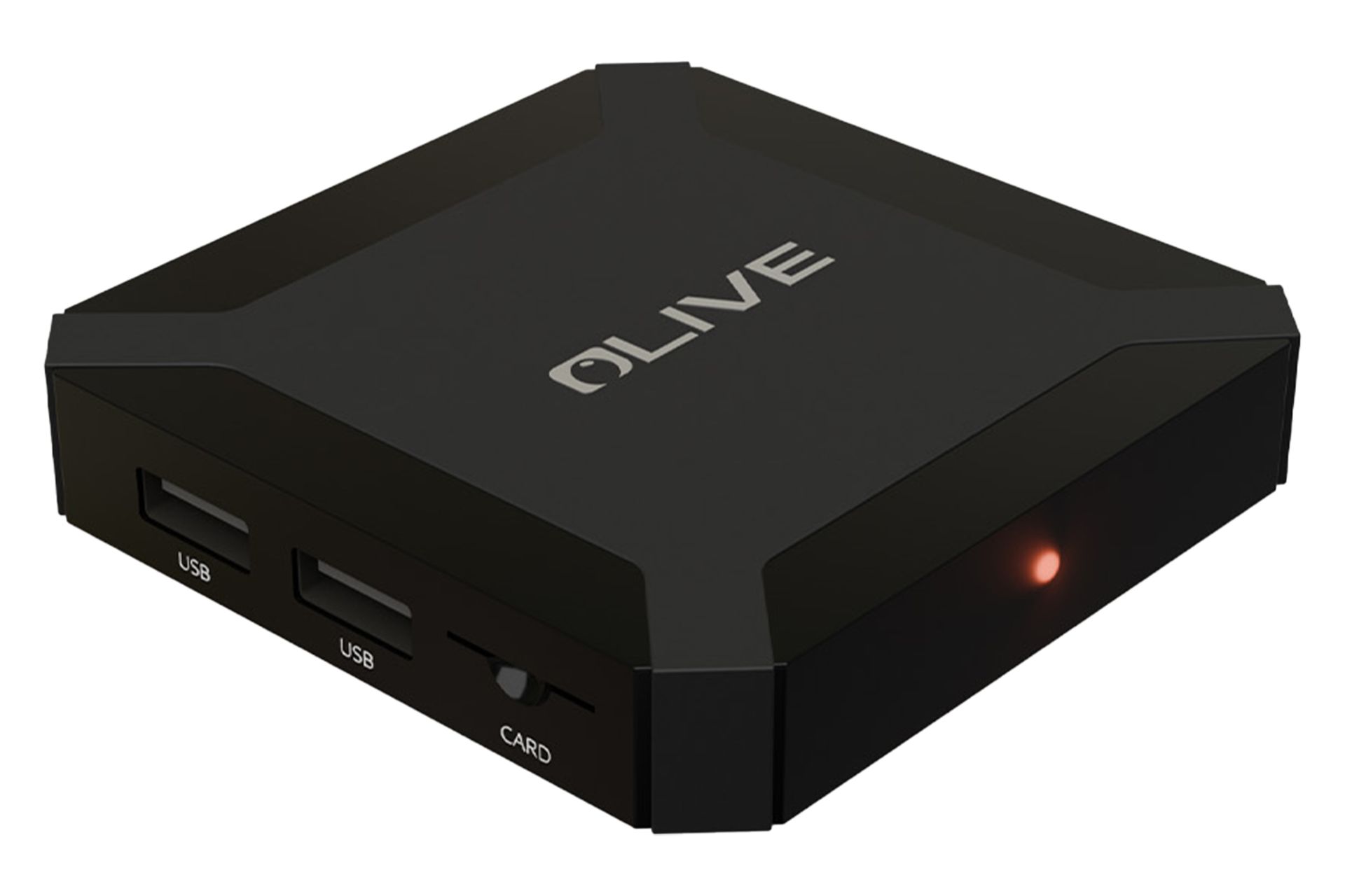 نمای نیمرخ اندروید باکس الیو UHD40 با نمایش لبه جلویی، لوگو و درگاه‌های لبه سمت چپ