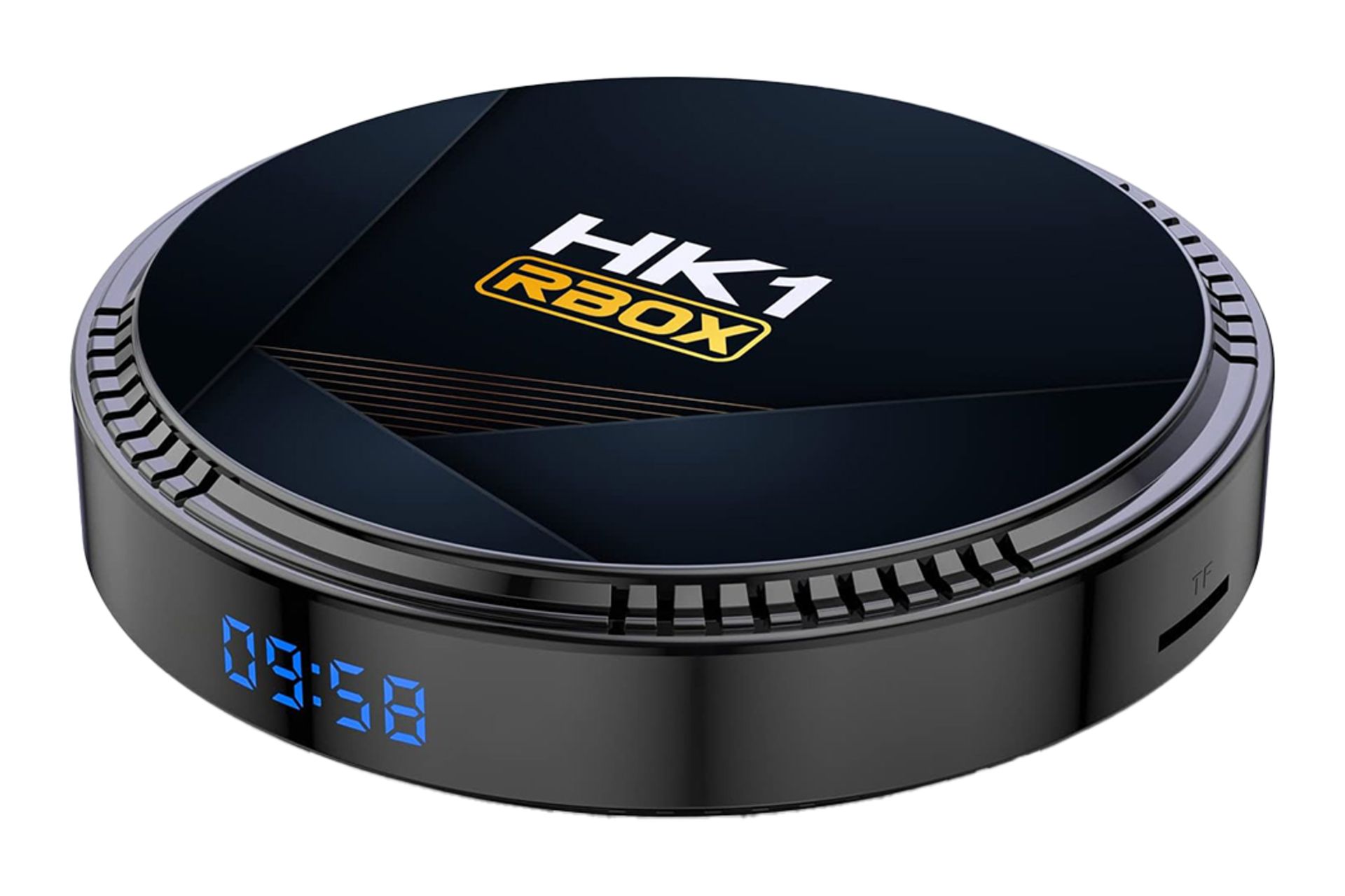 نمای نیمرخ اندروید باکس اچ کی وان RBOX H8 با نمایشگر روشن و نمایش لوگوی پنل بالا