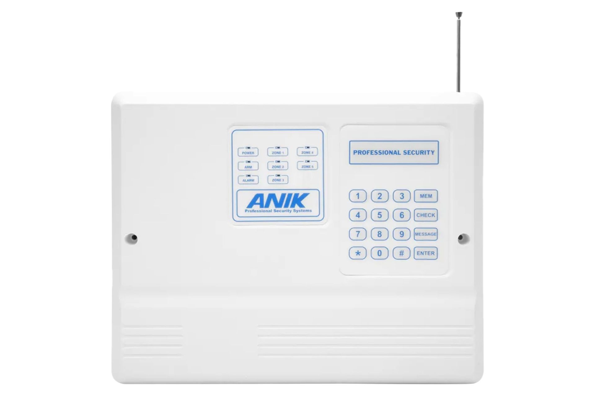 نمای جلوی دزدگیر اماکن آنیک A270 با نمایش صفحه کلید، نمایشگر و آنتن