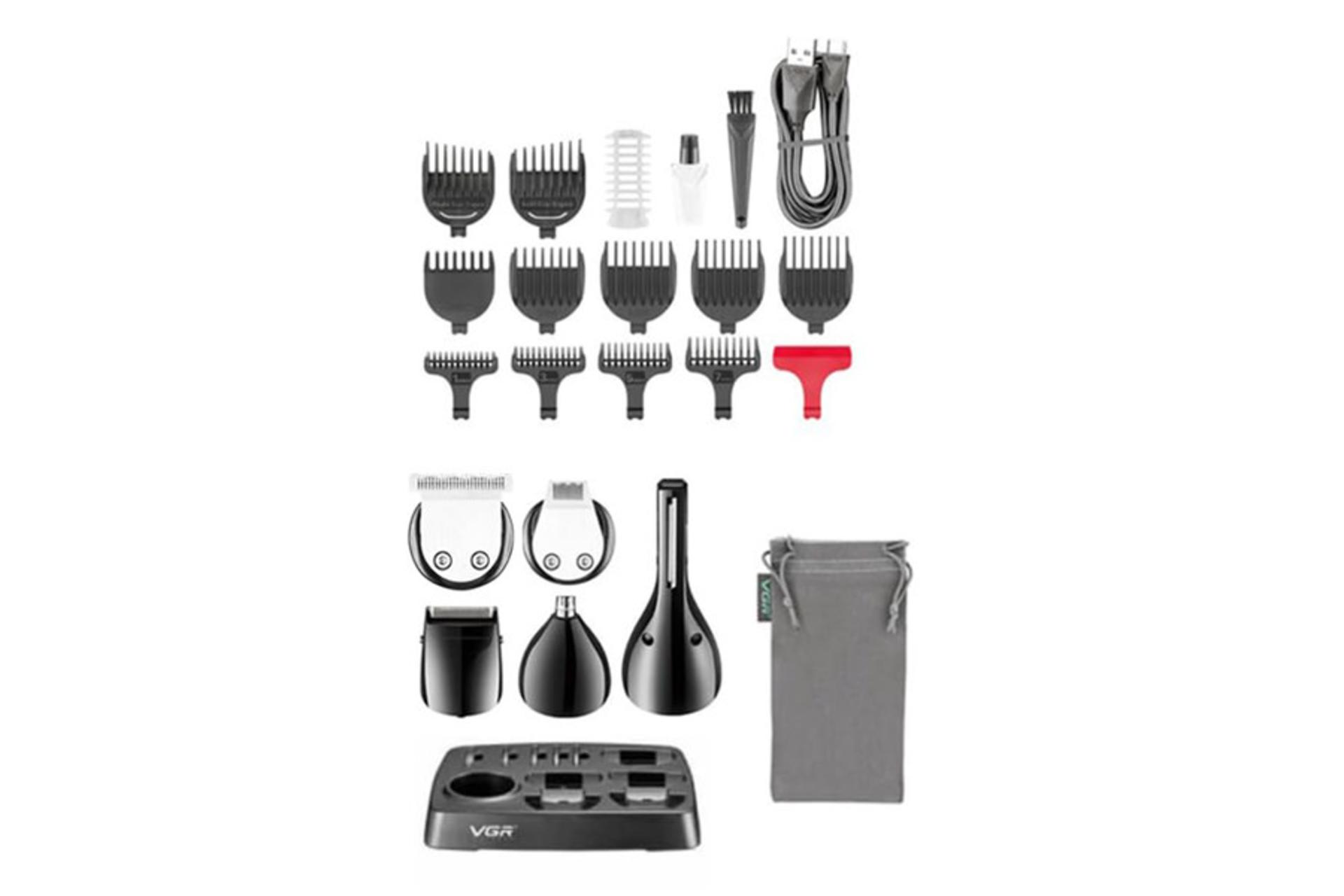 ماشین اصلاح و ریش تراش وی جی آر VGR V-095 نمای شانه ها و سری ها و لوازم همراه