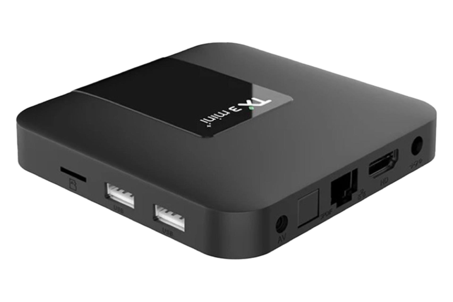 نمای نیمرخ اندروید باکس تی اکس 3 mini+ با نمایش درگاه‌های لبه کناری و پشت