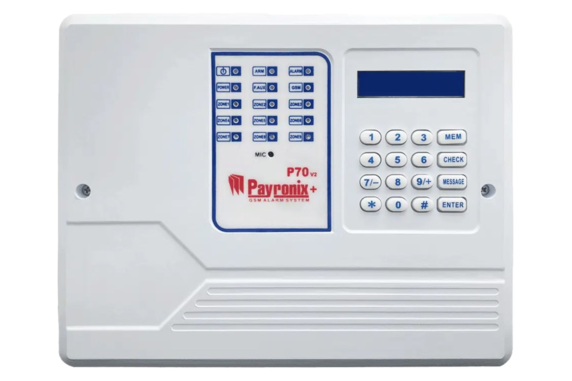 نمای جلوی دزدگیر اماکن پایرونیکس P70 با نمایش صفحه کلید و نمایشگر