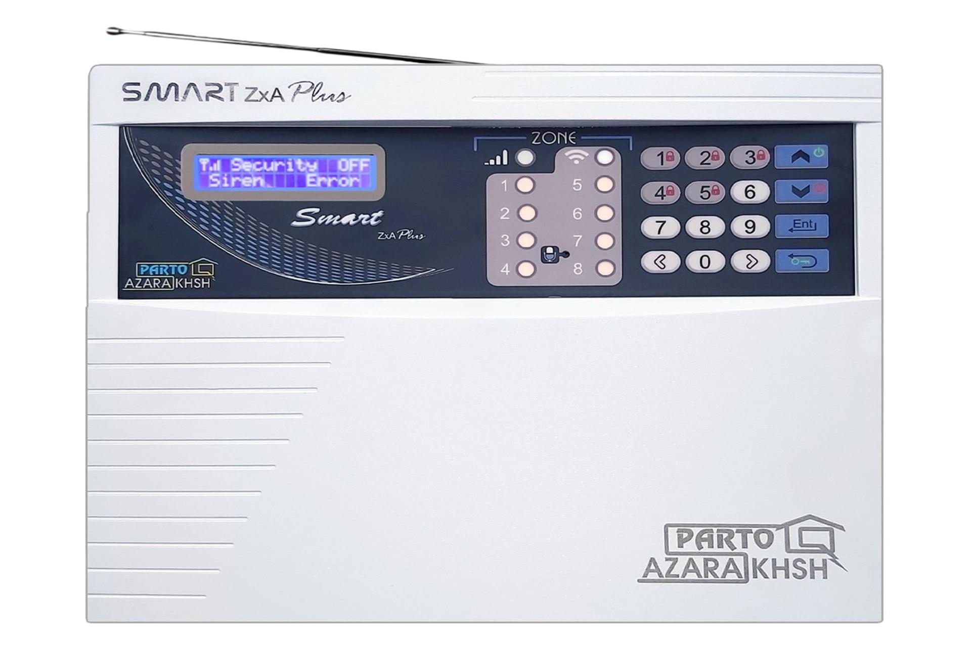 نمای جلوی دزدگیر اماکن پرتو آذرخش ZXA Plus با نمایش صفحه کلید، نمایشگر و آنتن