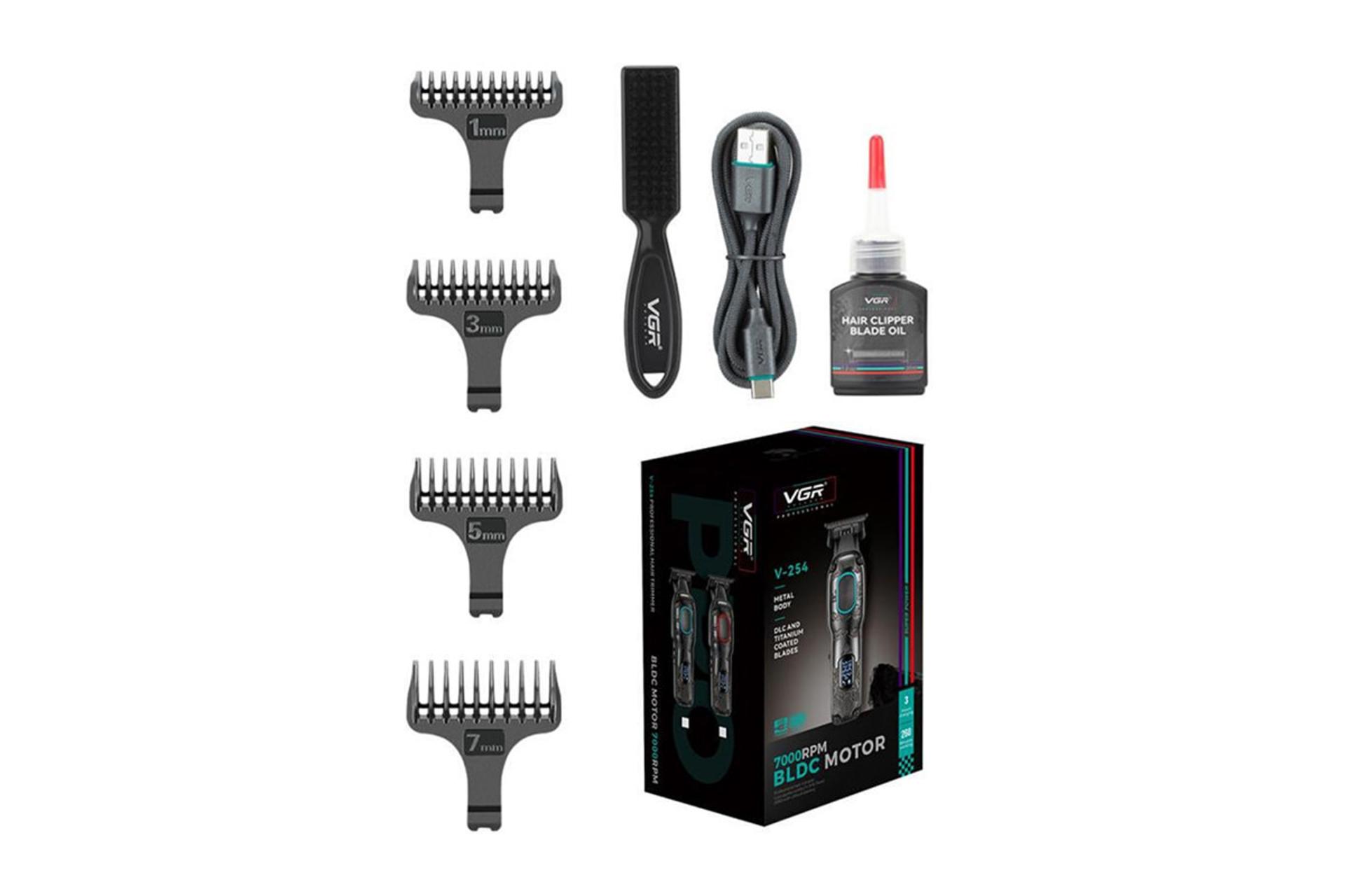 ماشین اصلاح و ریش تراش وی جی آر VGR V-254 نمای شانه ها و لوازم همراه