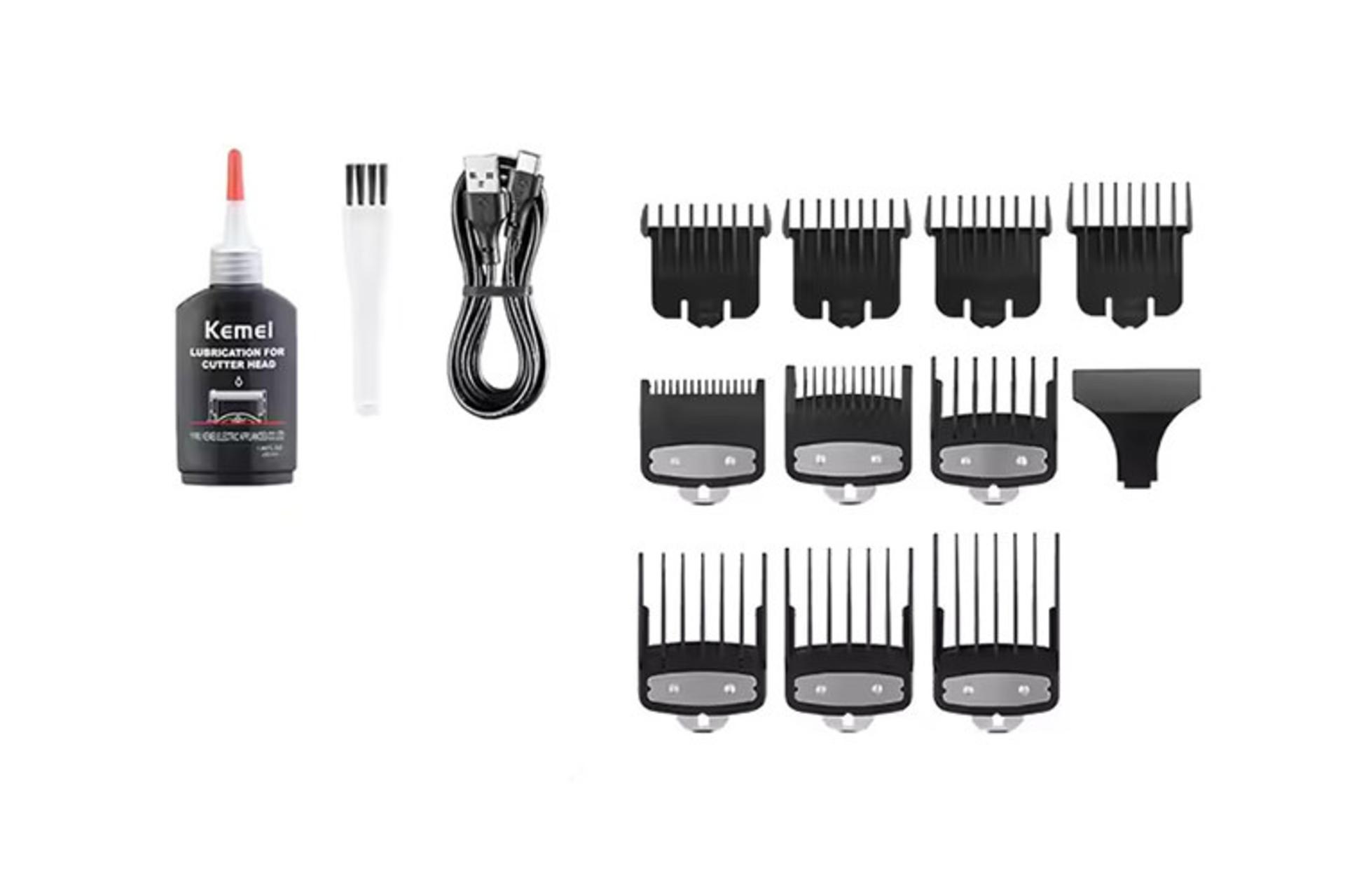 ماشین اصلاح کیمی Kemei KM-8502 نمای شانه ها و لوازم همراه