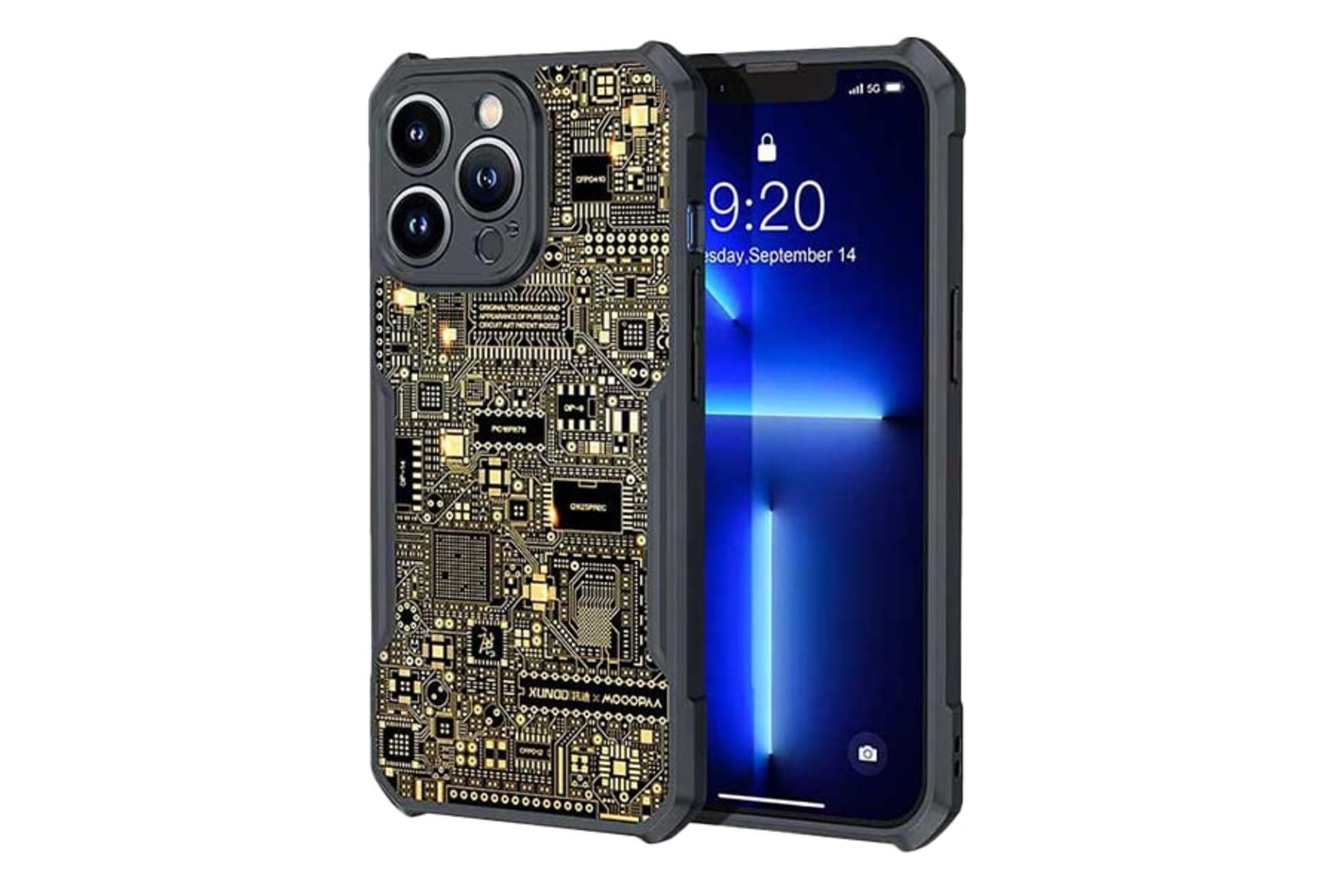 نمای کلی قاب گوشی اپیکوی مدل Xundd Gold مناسب اپل iPhone 14 Pro Max با نمایش پنل جلو و پشت