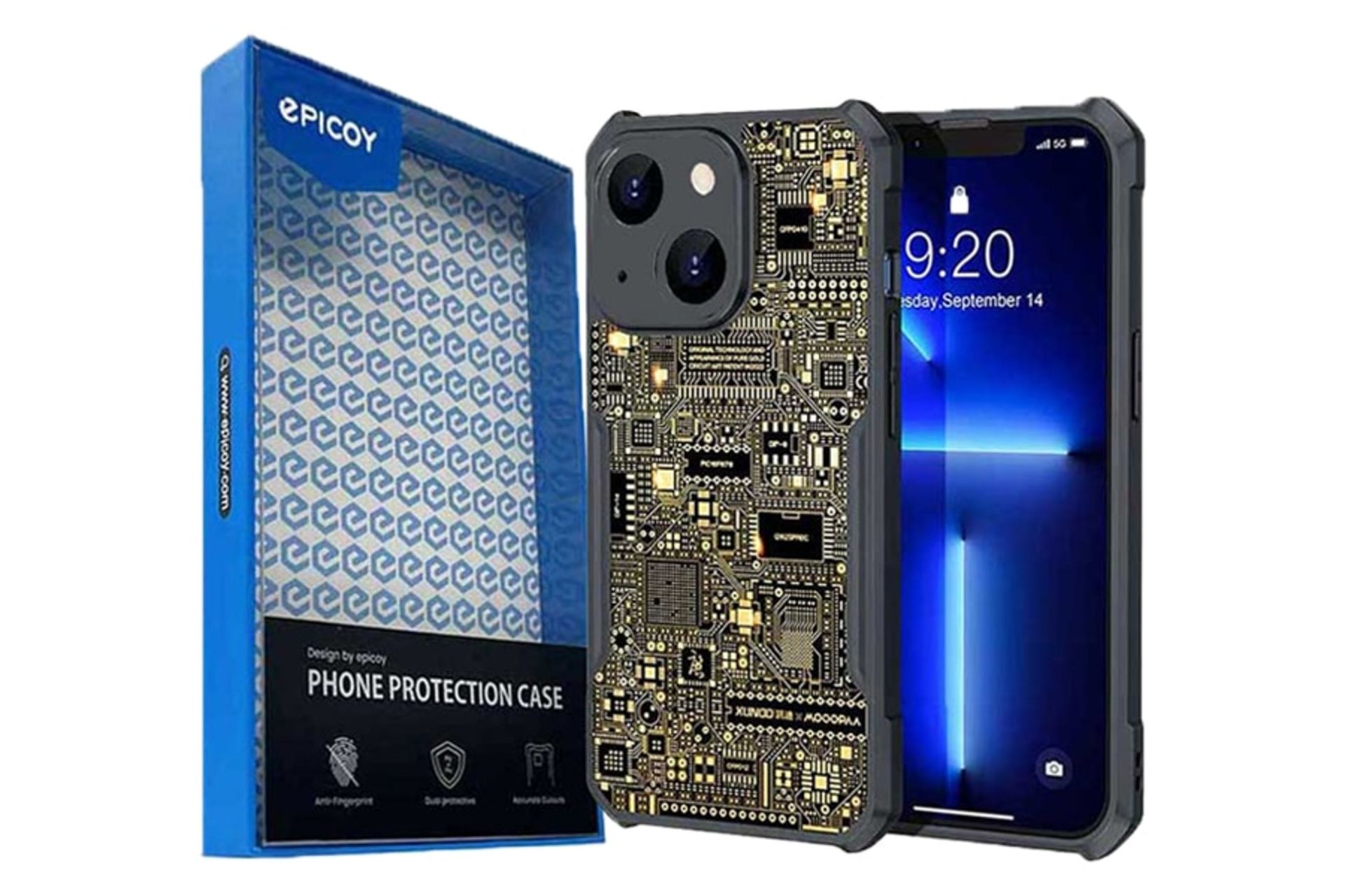 جعبه و نمای نیمرخ قاب گوشی اپیکوی مدل Xundd Gold مناسب اپل iPhone 14 / 13 با نمایش پنل جلو و پشت