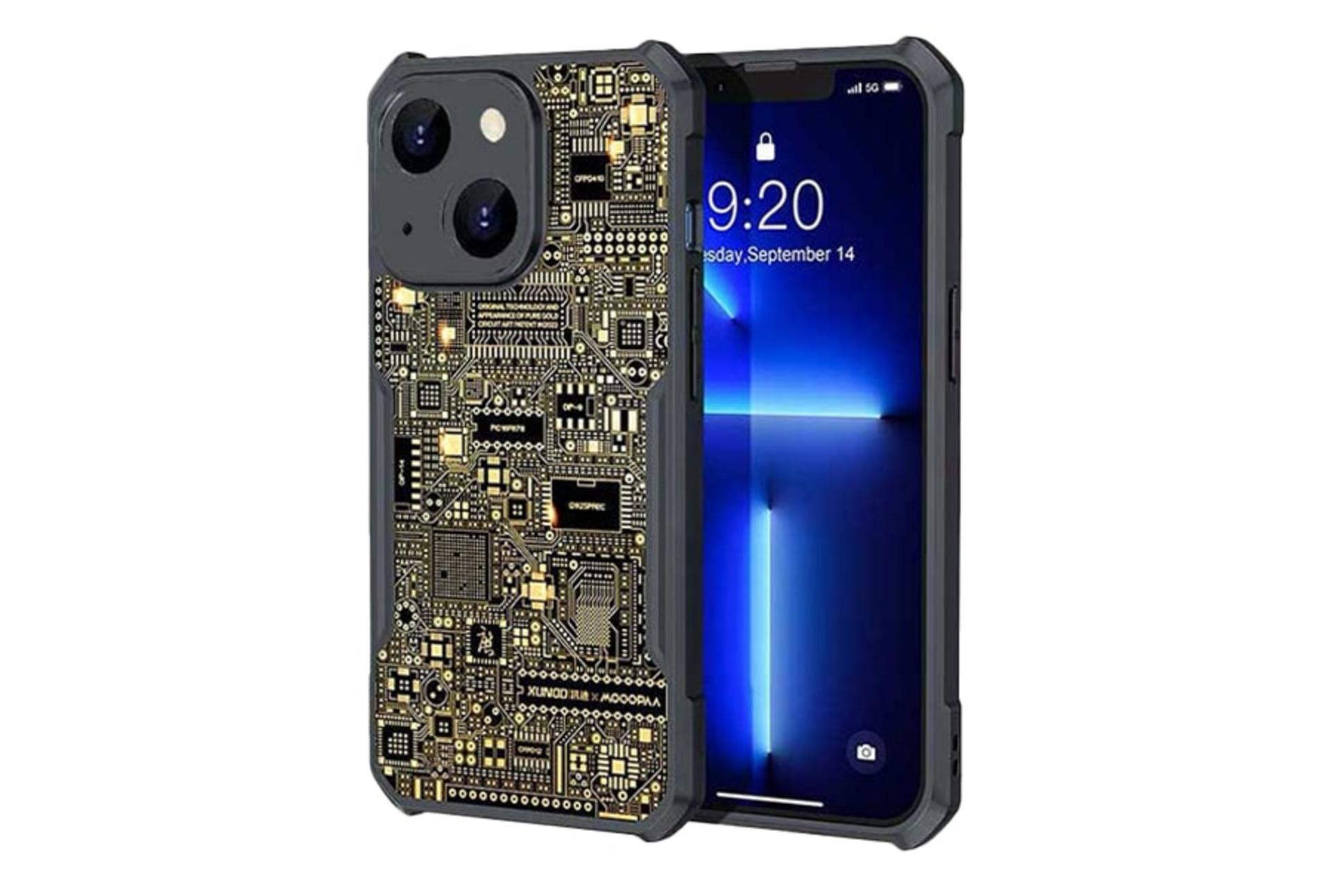 نمای نیمرخ قاب گوشی اپیکوی مدل Xundd Gold مناسب اپل iPhone 14 / 13 با نمایش پنل جلو و پشت