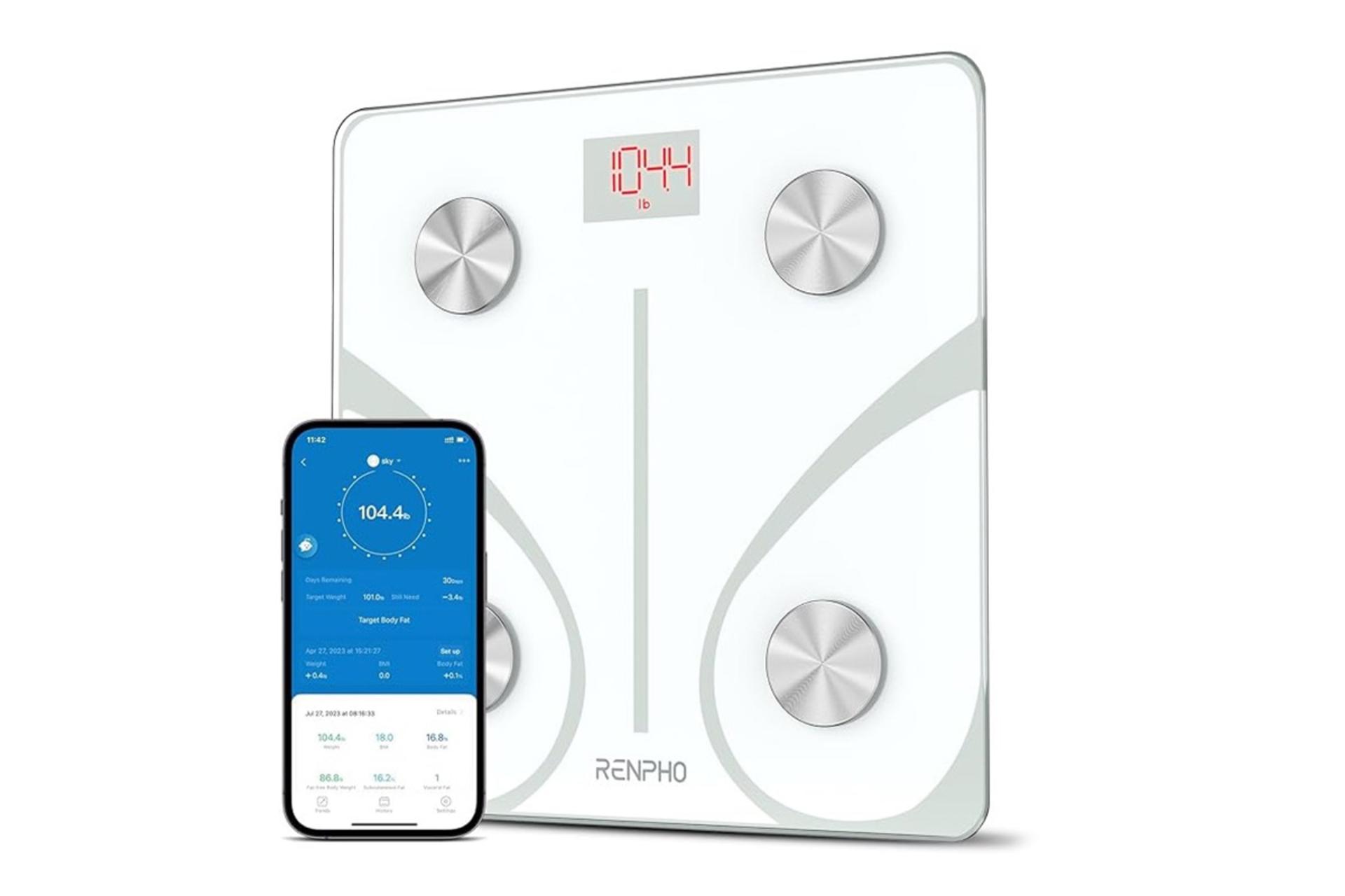 نمای کناری ترازوی وزن کشی رنفو Renpho ES-32MD در کنار موبایل