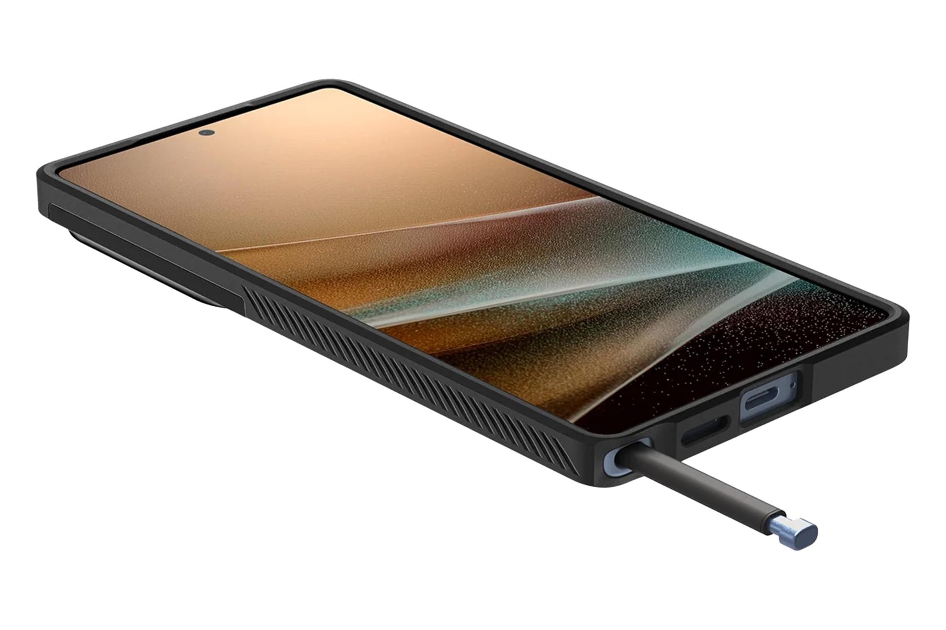 نمای لبه کناری قاب گوشی اسپیگن مدل Optik Armor مناسب سامسونگ Galaxy S25 Ultra با نمایش لبه پایین رنگ مشکی