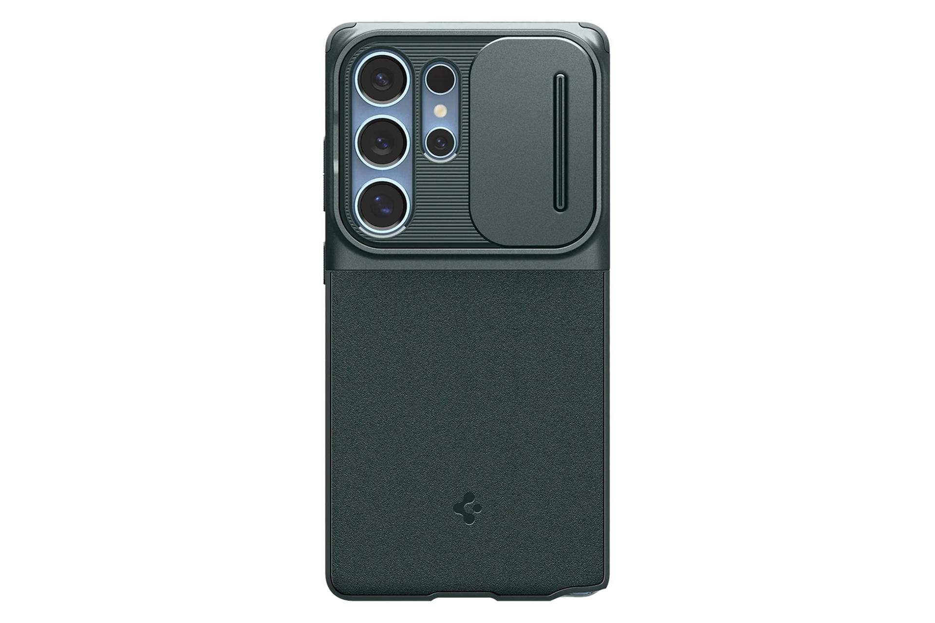 نمای پنل پشت قاب گوشی اسپیگن مدل Optik Armor مناسب سامسونگ Galaxy S25 Ultra با نمایش لوگو رنگ سبز