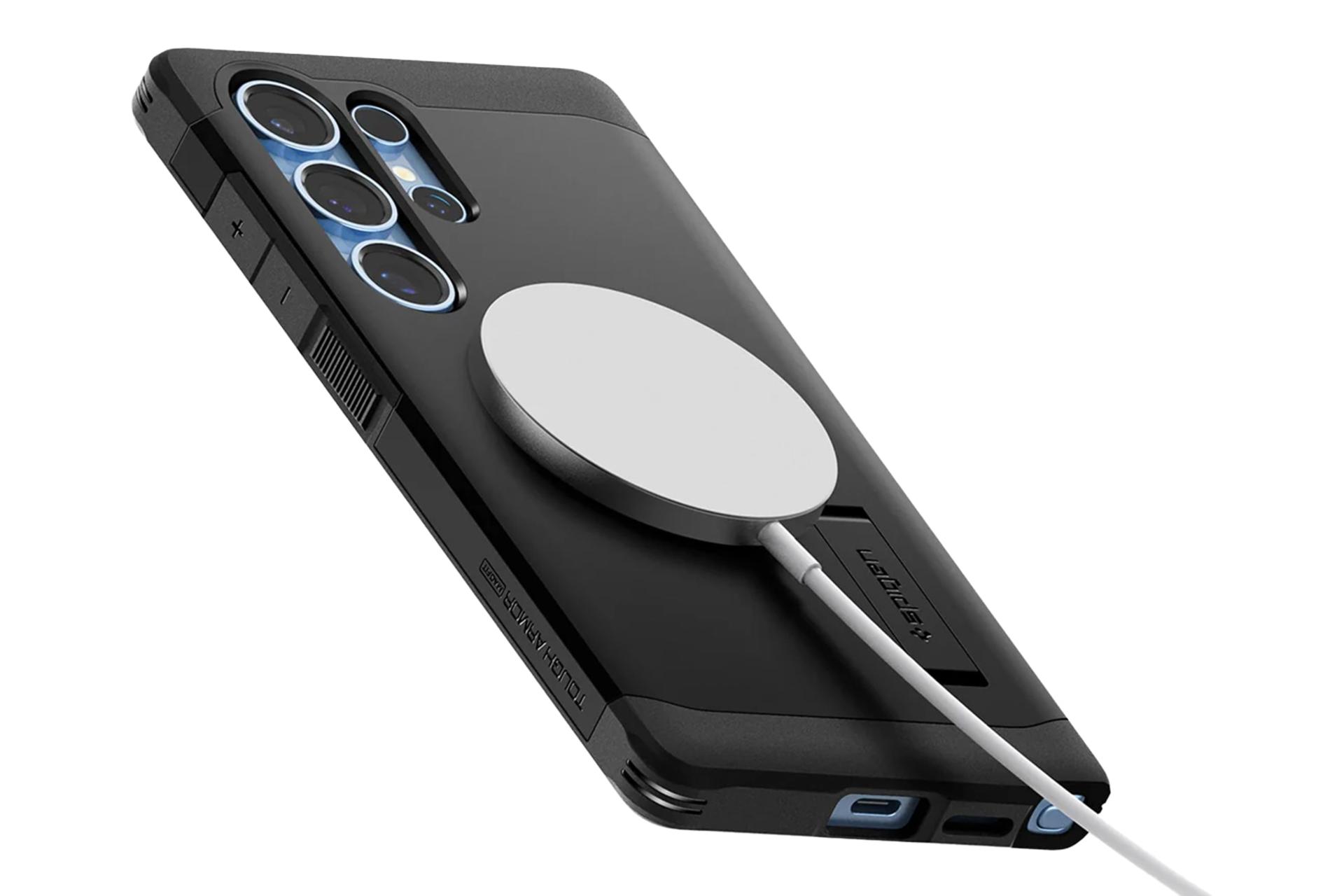 نمای نیمرخ پنل پشت قاب گوشی اسپیگن مدل Tough Armor AI MagFit مناسب سامسونگ Galaxy S25 Ultra با نمایش لبه کناری و مگ سیف رنگ مشکی