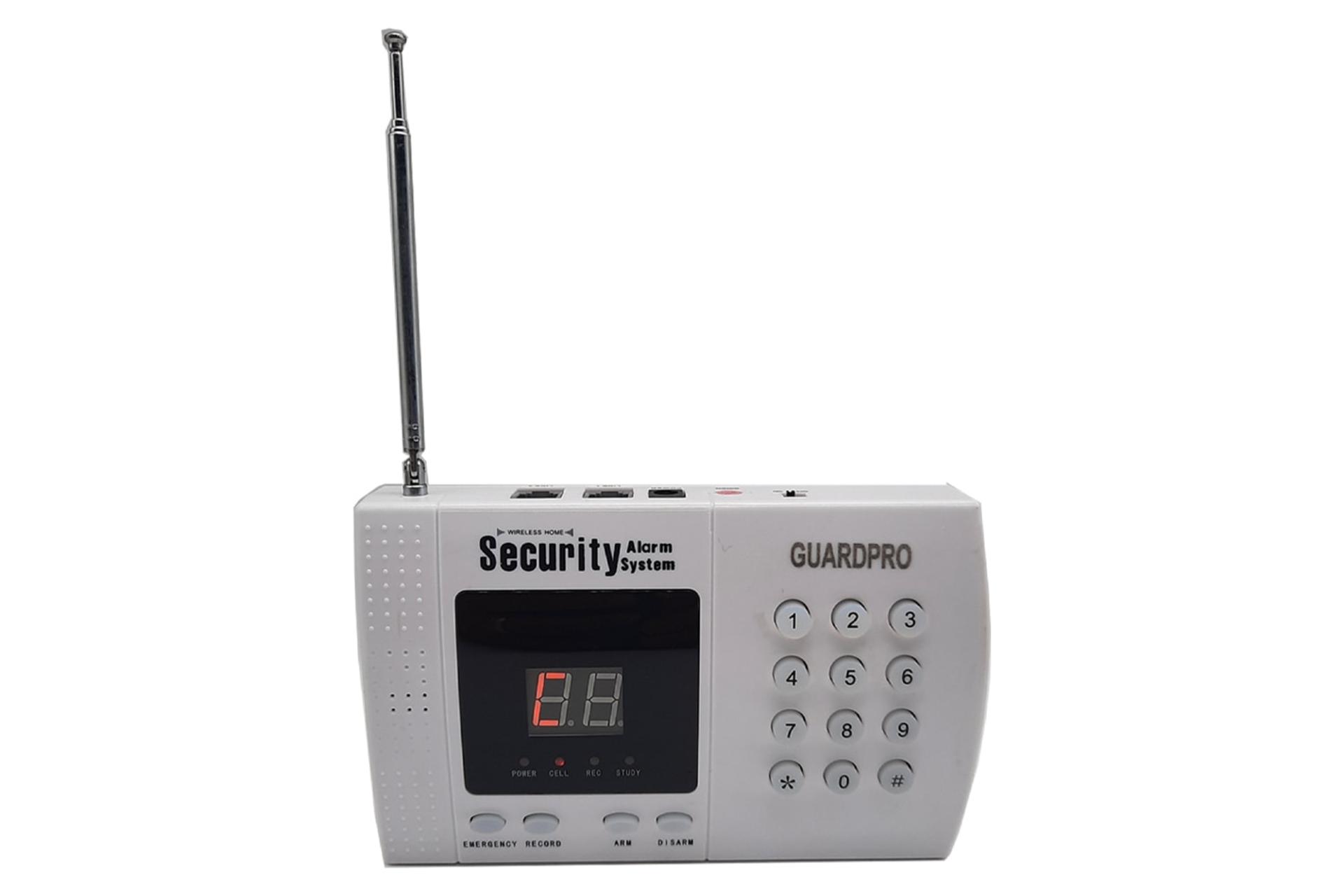 نمای پنل جلوی دزدگیر اماکن گاردپرو GP-23433 با نمایش صفحه کلید، نمایشگر و آنتن