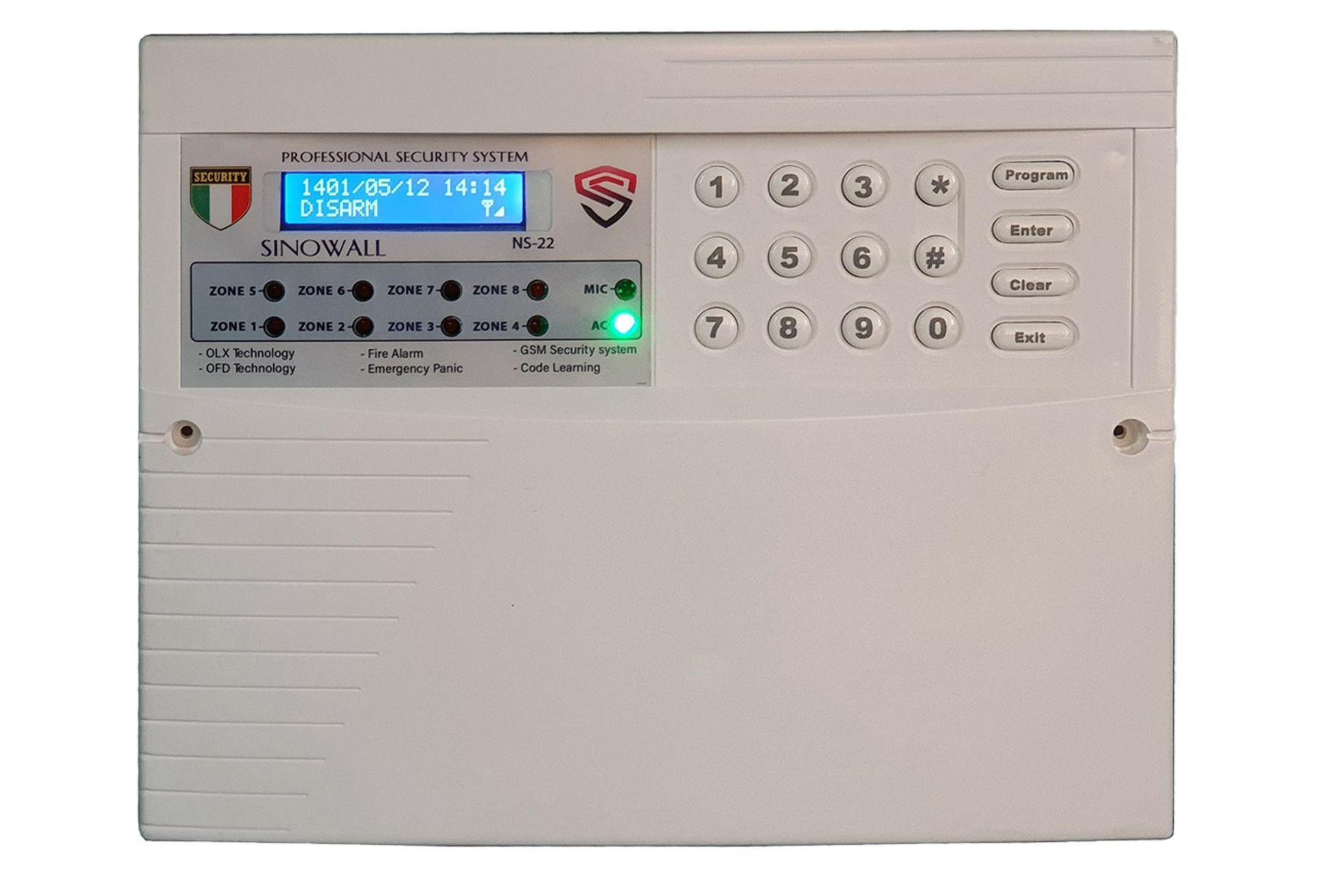 نمای جلوی دزدگیر اماکن سینووال NS22 با نمایشگر روشن و نمایش صفحه کلید