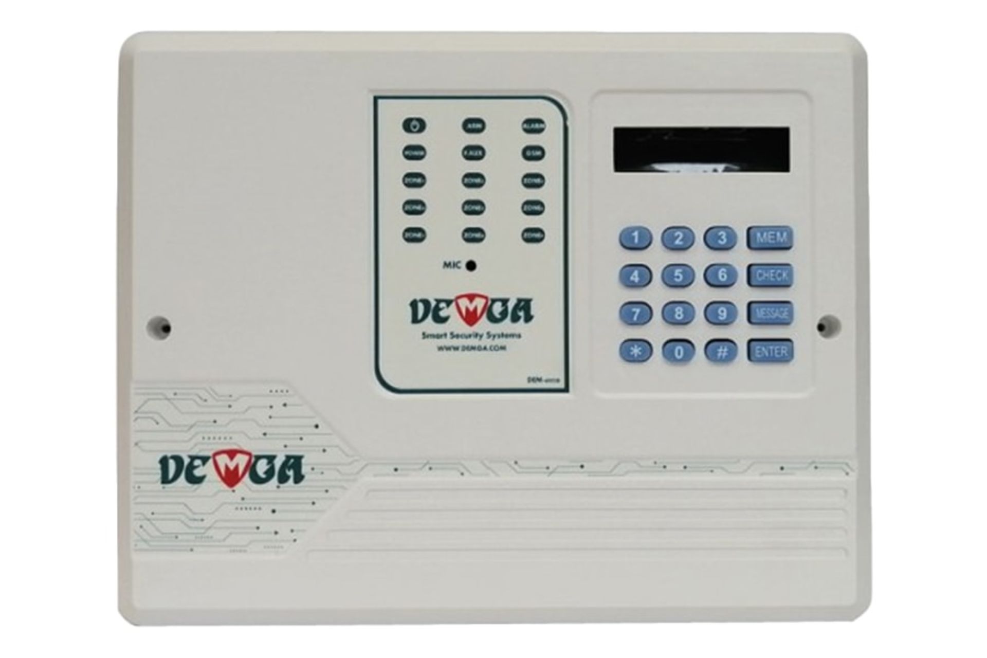 نمای پنل جلوی دزدگیر اماکن دمگا DEM-6003S با نمایش صفحه کلید و نمایشگر