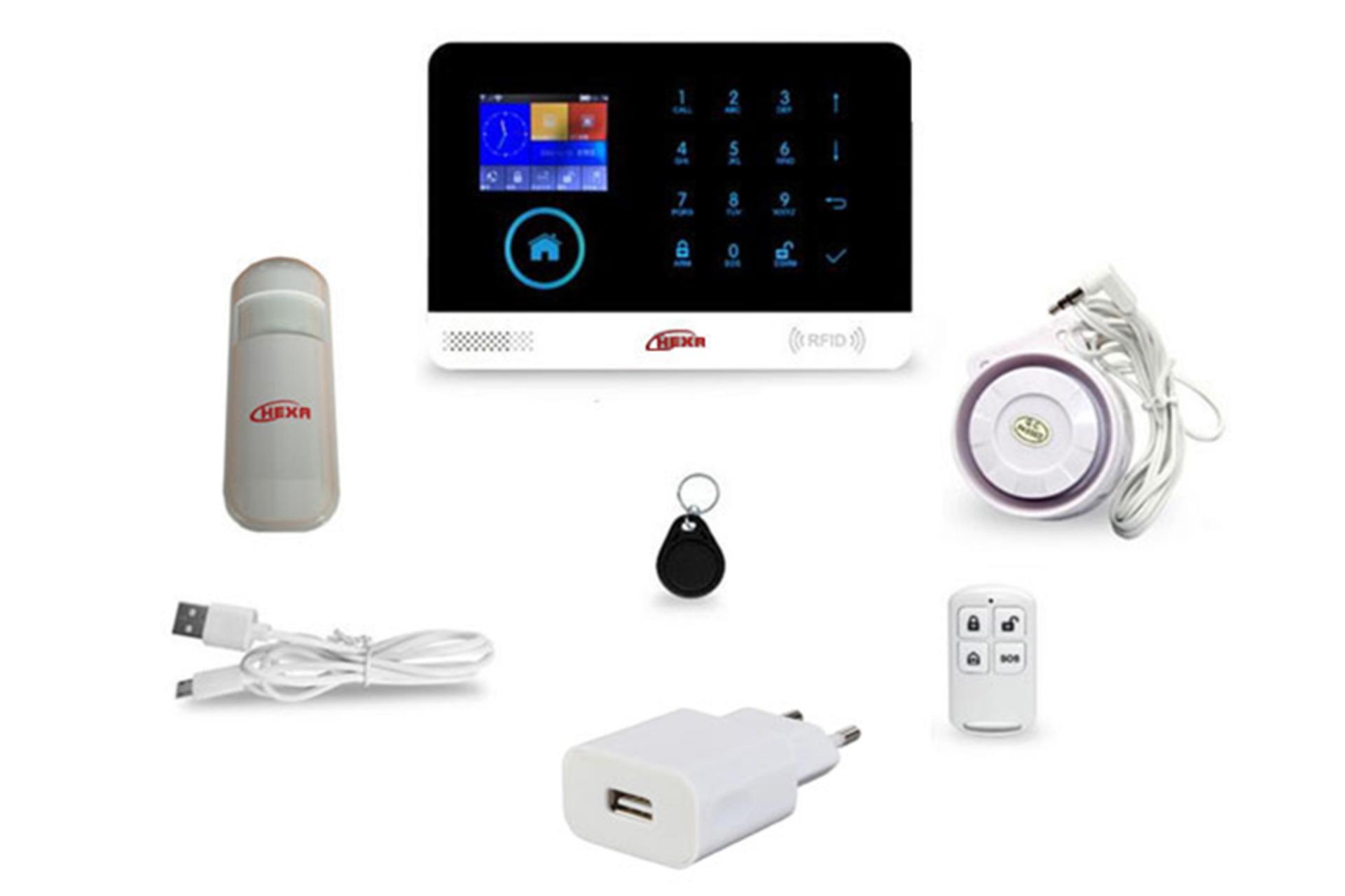 نمای کلی دزدگیر اماکن هگزا HX99GNT با نمایشگر روشن، نمایش صفحه کلید و اقلام همراه