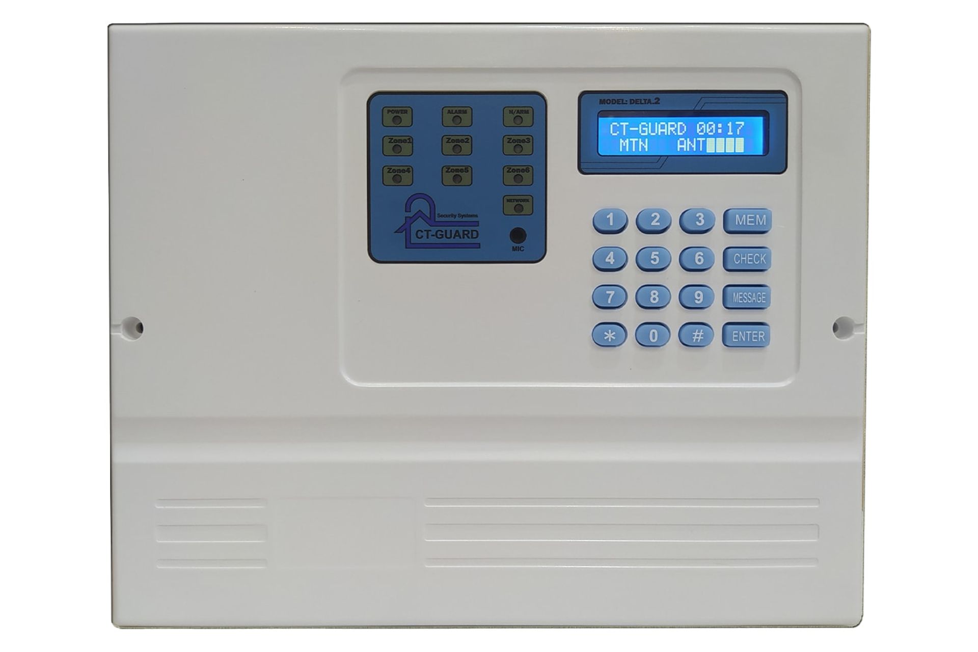 نمای پنل جلوی دزدگیر اماکن سیتی گارد Delta 2 با نمایشگر روشن و نمایش صفحه کلید