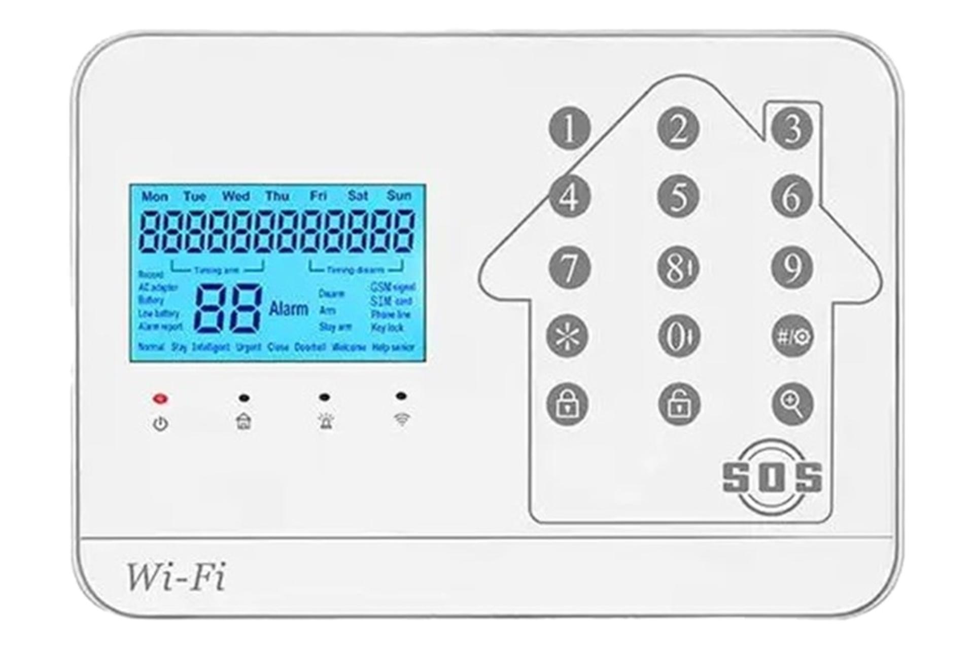 نمای پنل جلوی دزدگیر اماکن تویا WIFI-HS4 با نمایشگر روشن و نمایش صفحه کلید