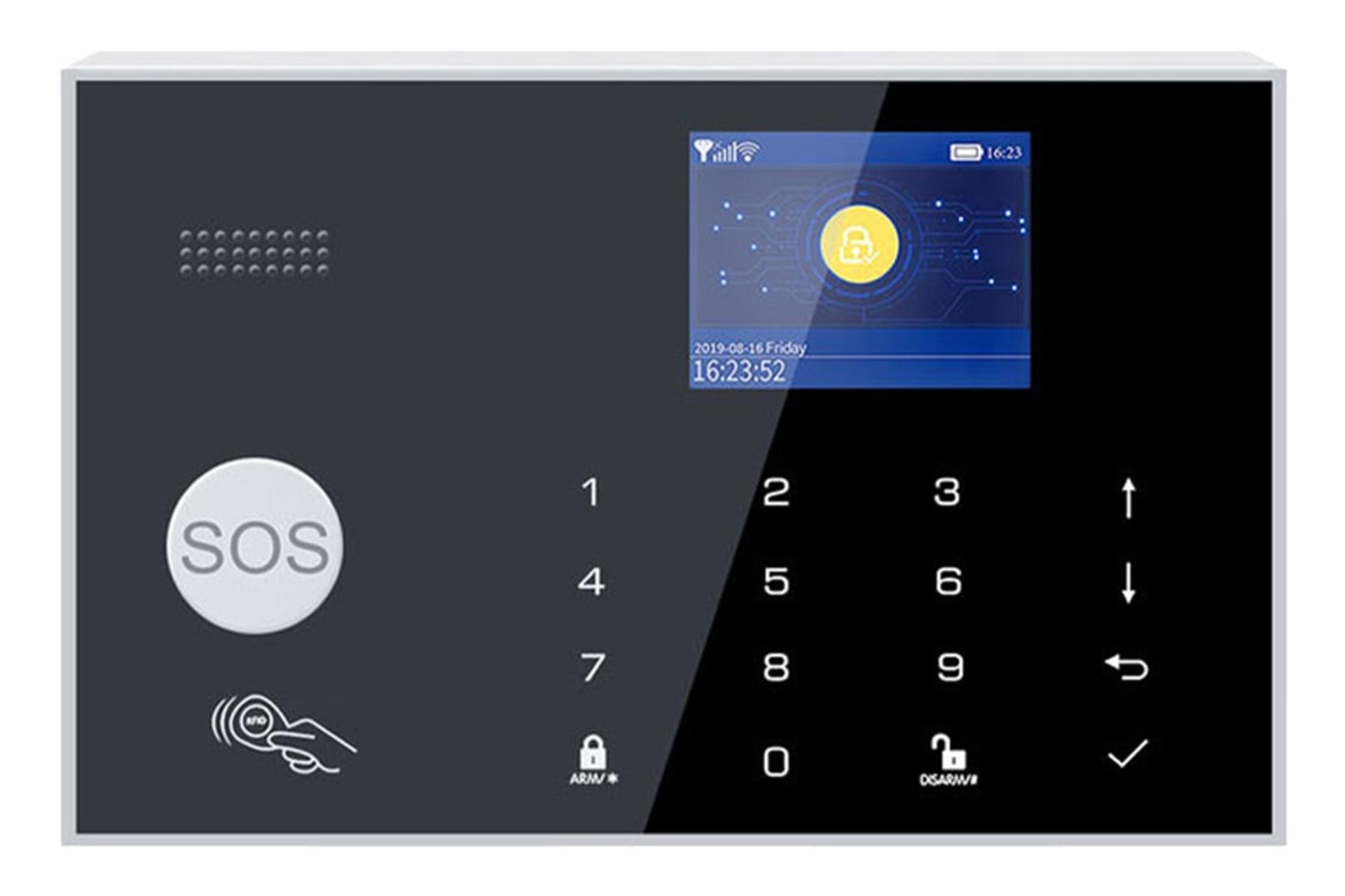 نمای پنل جلوی دزدگیر اماکن تویا PST-G30 با نمایشگر روشن و نمایش صفحه کلید