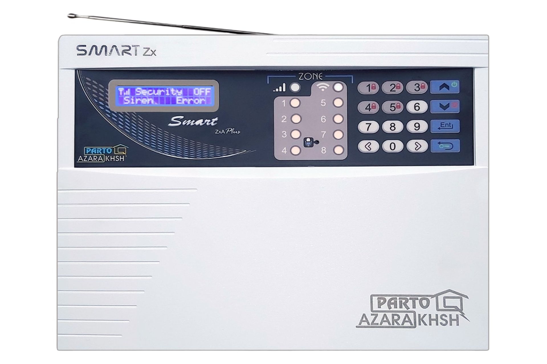 نمای پنل جلوی دزدگیر اماکن پرتو آذرخش Smart Zx با نمایش صفحه کلید، نمایشگر و آنتن