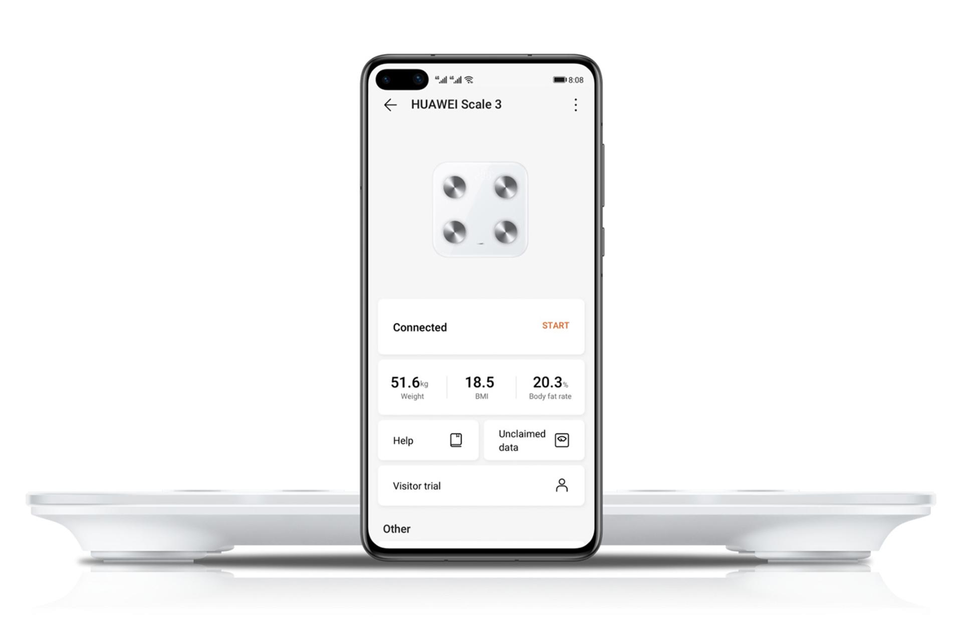 ضخامت ترازوی وزن کشی هواوی Huawei Scale 3 Bluetooth Edition در کنار موبایل