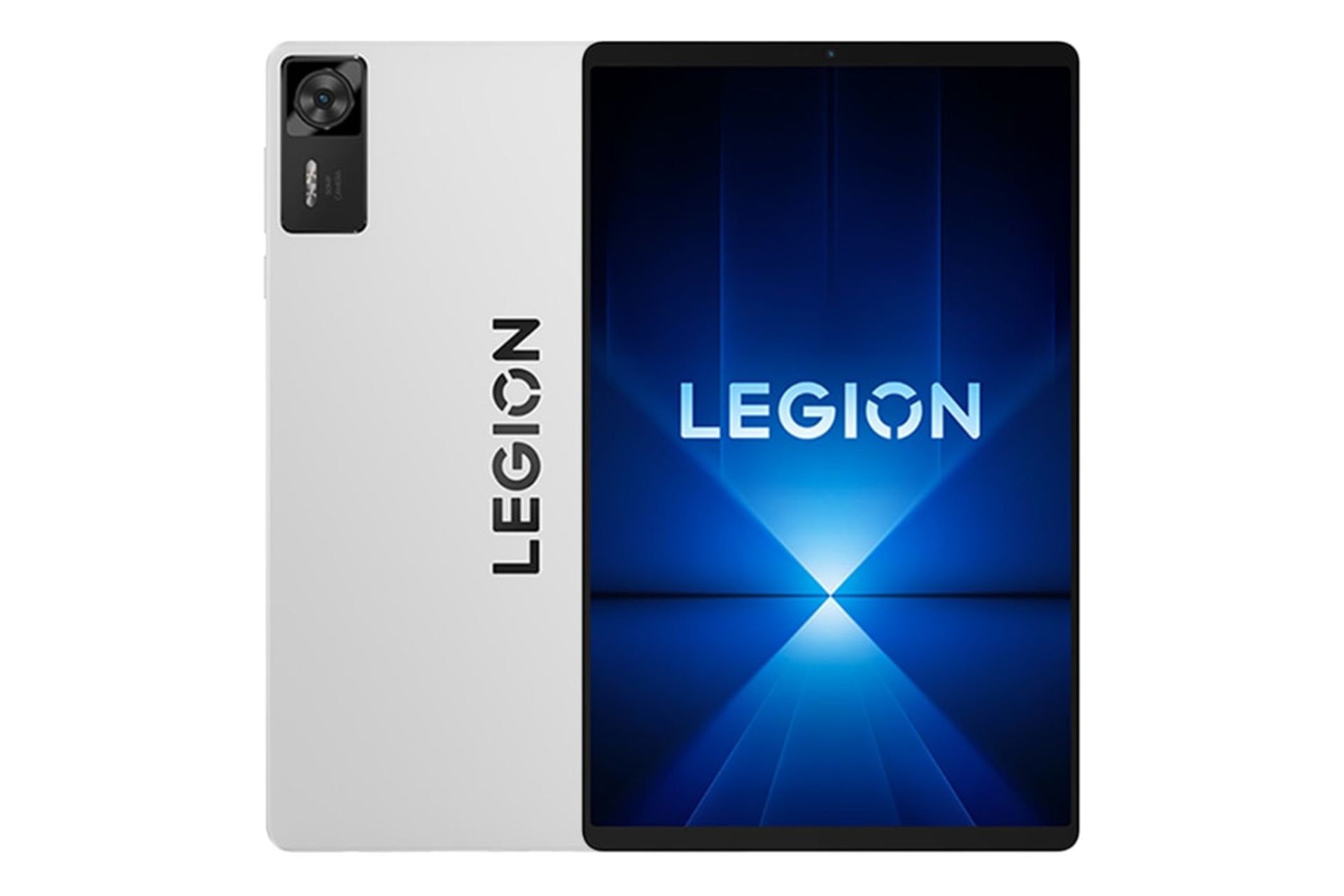نمای کلی تبلت Legion Y700 لنوو نسل چهارم / Lenovo Legion Y700 Gen 4 با نمایشگر روشن و نمایش لوگو و دوربین پنل پشت