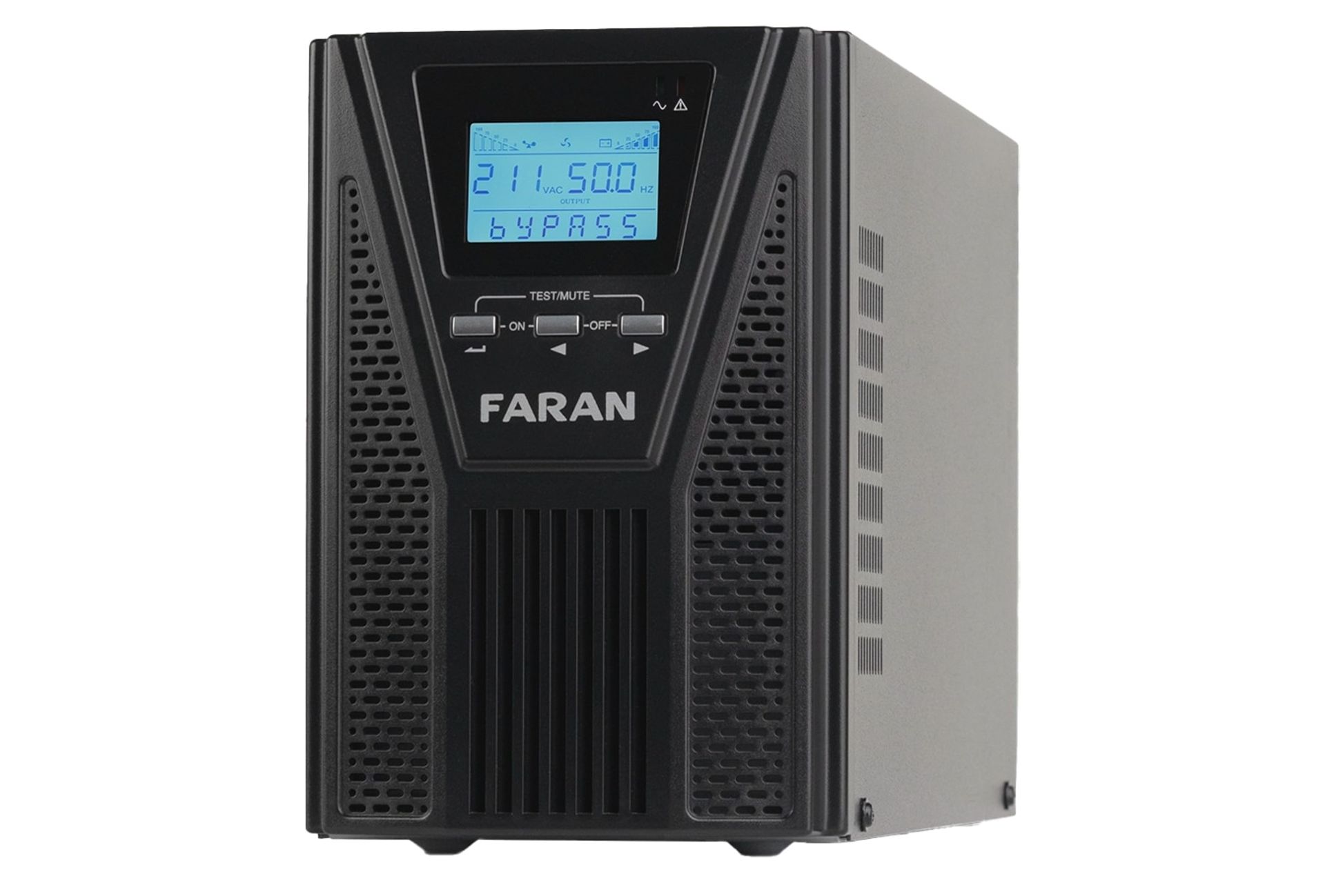 نمای نیمرخ پنل جلوی یو پی اس فاران مدل Titan Plus با ظرفیت 1000 ولت آمپر با نمایش پنل جلو و سمت راست