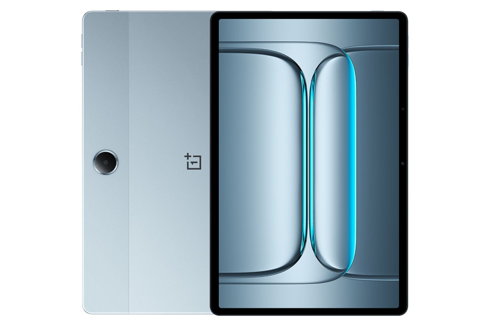 نمای کلی تبلت وان پلاس پد لایت / OnePlus Pad Lite با نمایشگر روشن و نمایش لوگو و دوربین پنل پشت