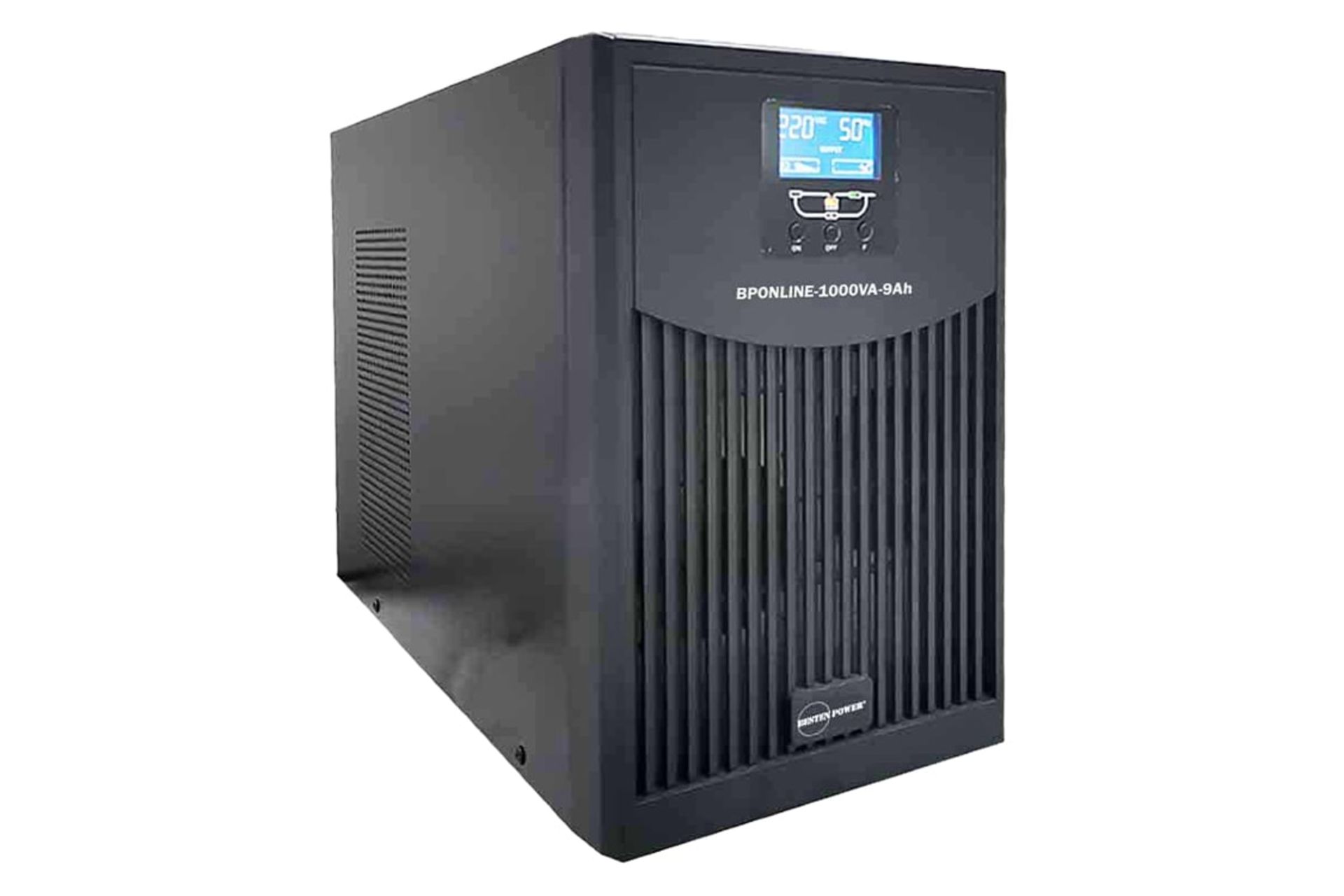 نمای نیمرخ یو پی اس بستن پاور مدل BPONLINE-1000VA-7.5Ah با ظرفیت 1000 ولت آمپر با نمایشگر روشن، نمایش لوگو و پنل سمت چپ