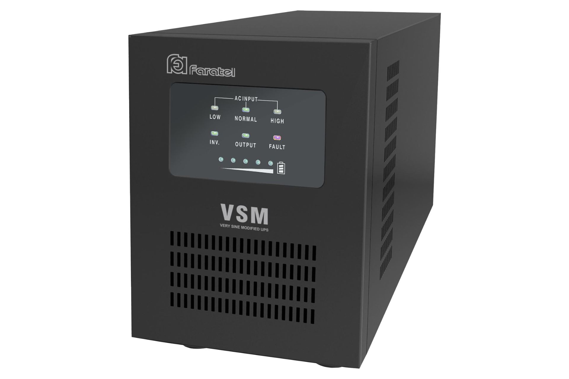 نمای نیمرخ یو پی اس فاراتل مدل VSM 1300 با ظرفیت 1300 ولت آمپر با نمایش نشانگرهای LED و لوگو