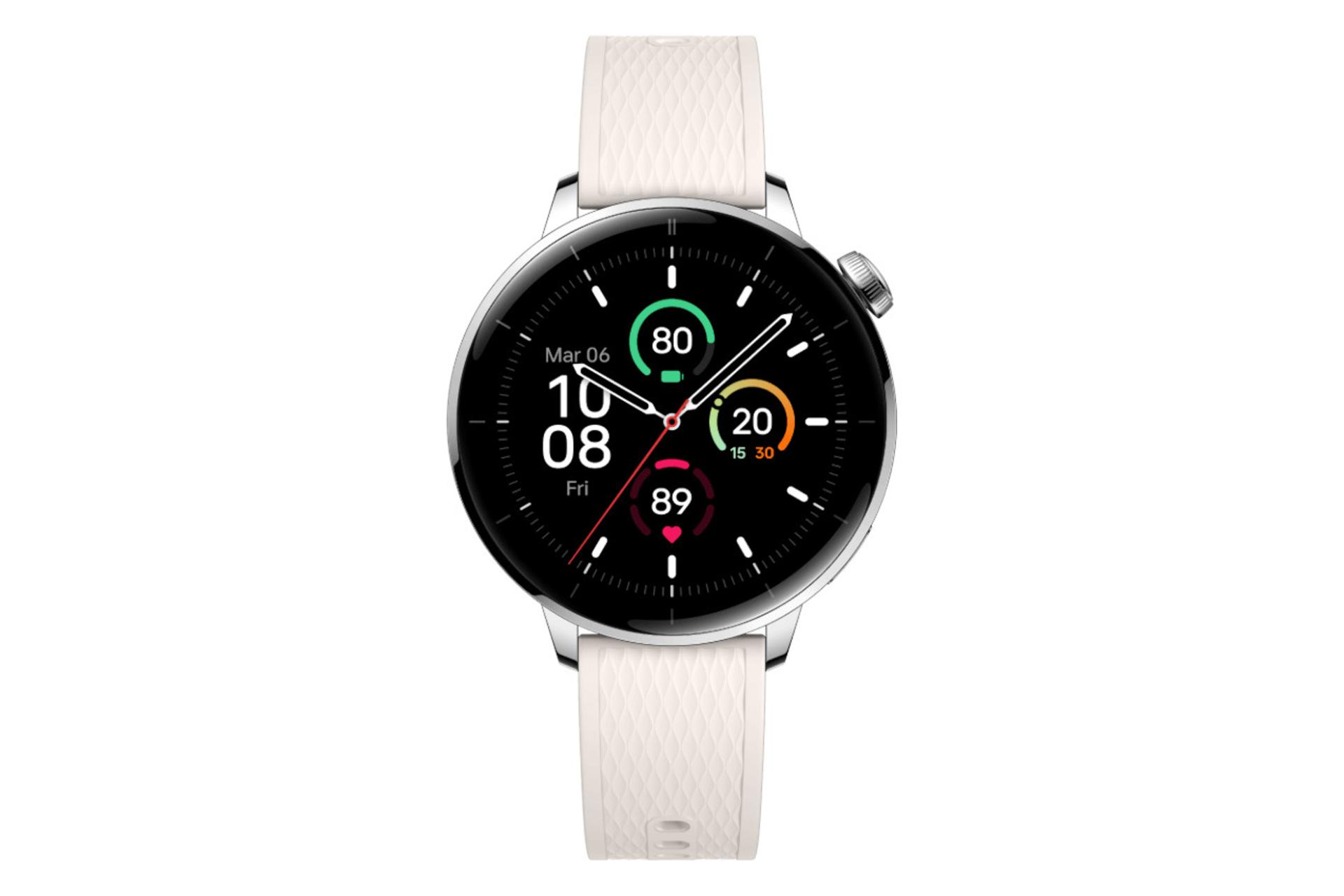 ساعت هوشمند وان پلاس واچ 3 مدل 43 میلی‌متری نقره ای از نمای روبرو / OnePlus Watch 3 43mm