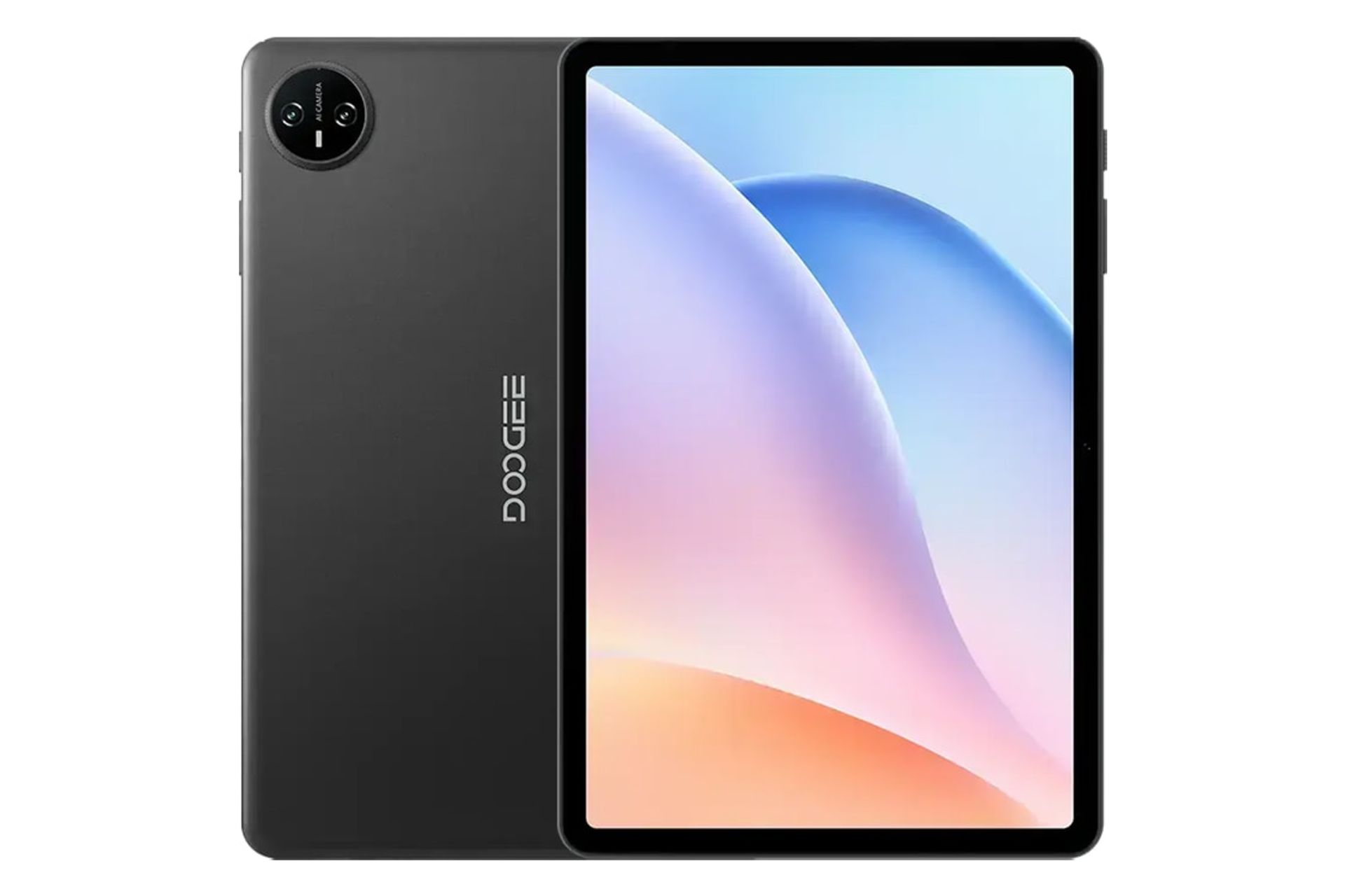 نمای کلی تبلت تب A9 پرو دوجی / Doogee Tab A9 Pro با نمایشگر روشن و نمایش دوربین و لوگوی پنل پشت