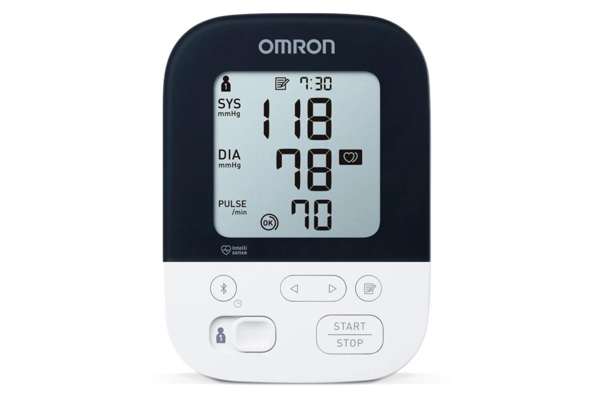 نمای پنل جلوی دستگاه فشارسنج امرون M4 Intelli IT با نمایش لوگو، نمایشگر و دکمه‌ها